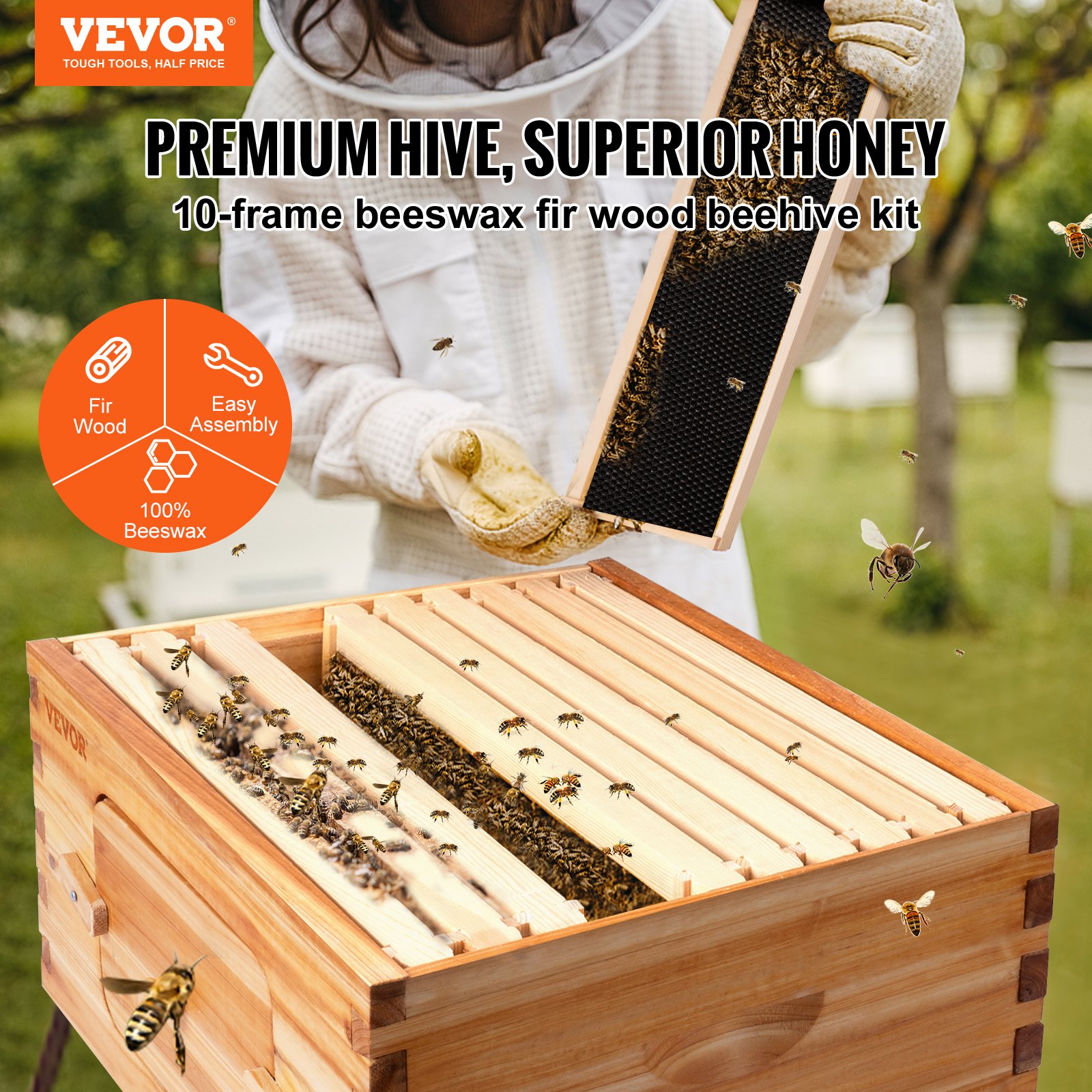 VEVOR Bee Hive, kit completo de colmena de 10 marcos, 100% madera natural de cera de abeja, incluye 1 caja profunda con 10 marcos de madera y bases enceradas, para apicultores principiantes y profesionales