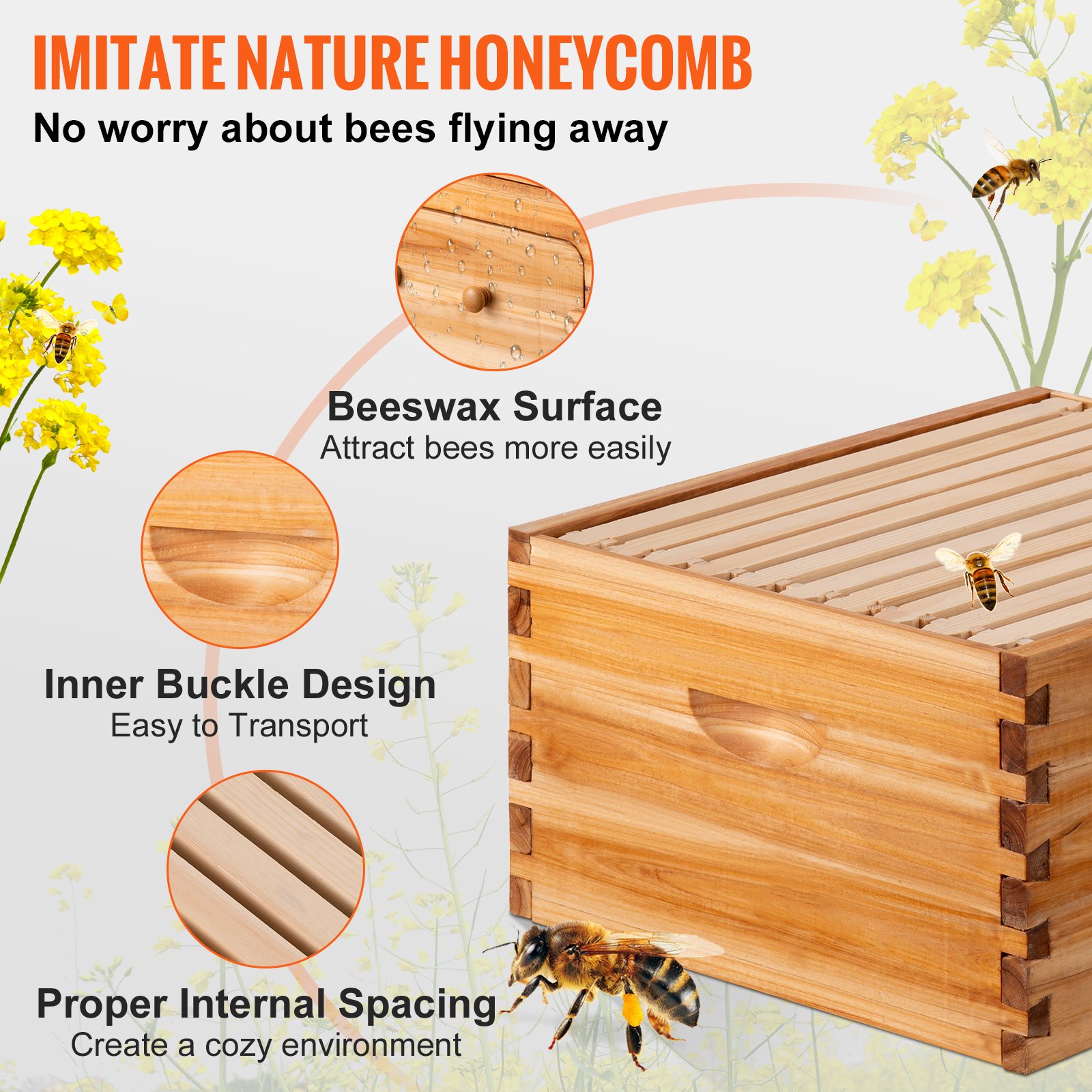 VEVOR Bee Hive, kit completo de colmena de 10 marcos, 100% madera natural de cera de abeja, incluye 1 caja profunda con 10 marcos de madera y bases enceradas, para apicultores principiantes y profesionales