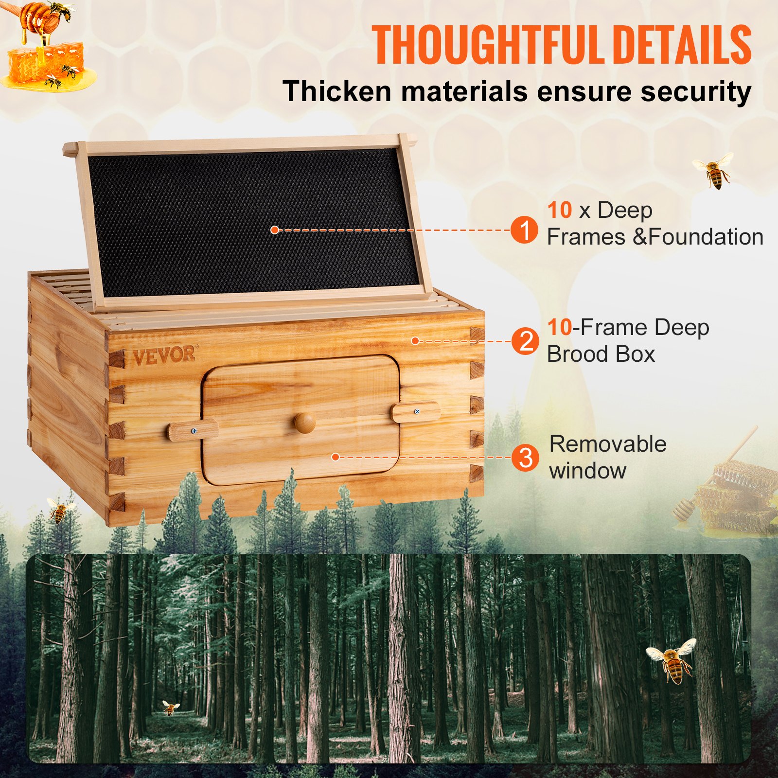 VEVOR Bee Hive, kit completo de colmena de 10 marcos, 100% madera natural de cera de abeja, incluye 1 caja profunda con 10 marcos de madera y bases enceradas, para apicultores principiantes y profesionales