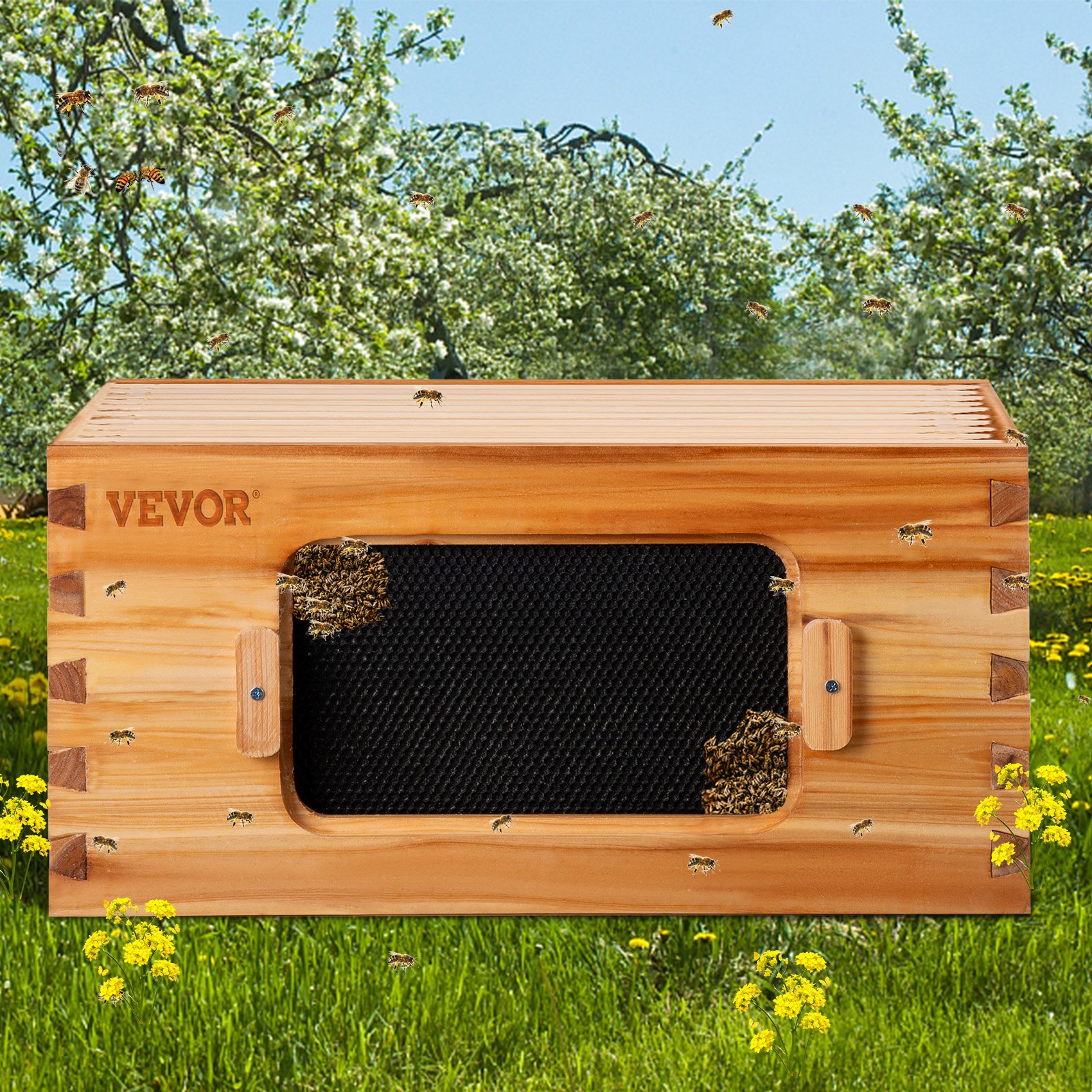 VEVOR Bee Hive, kit completo de colmena de 10 marcos, 100% madera natural de cera de abeja, incluye 1 caja profunda con 10 marcos de madera y bases enceradas, para apicultores principiantes y profesionales