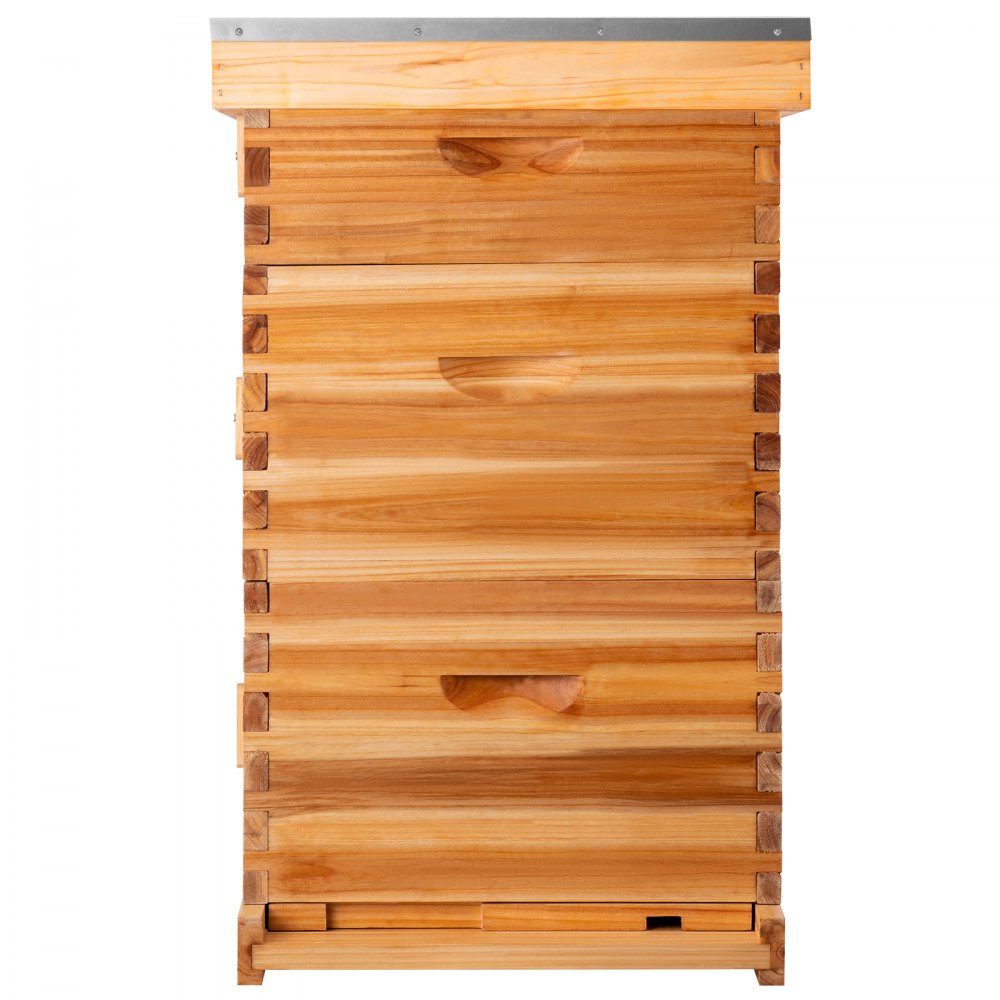 Kit de caja de colmena de madera VEVOR con techo de metal, que incluye múltiples componentes apilados.