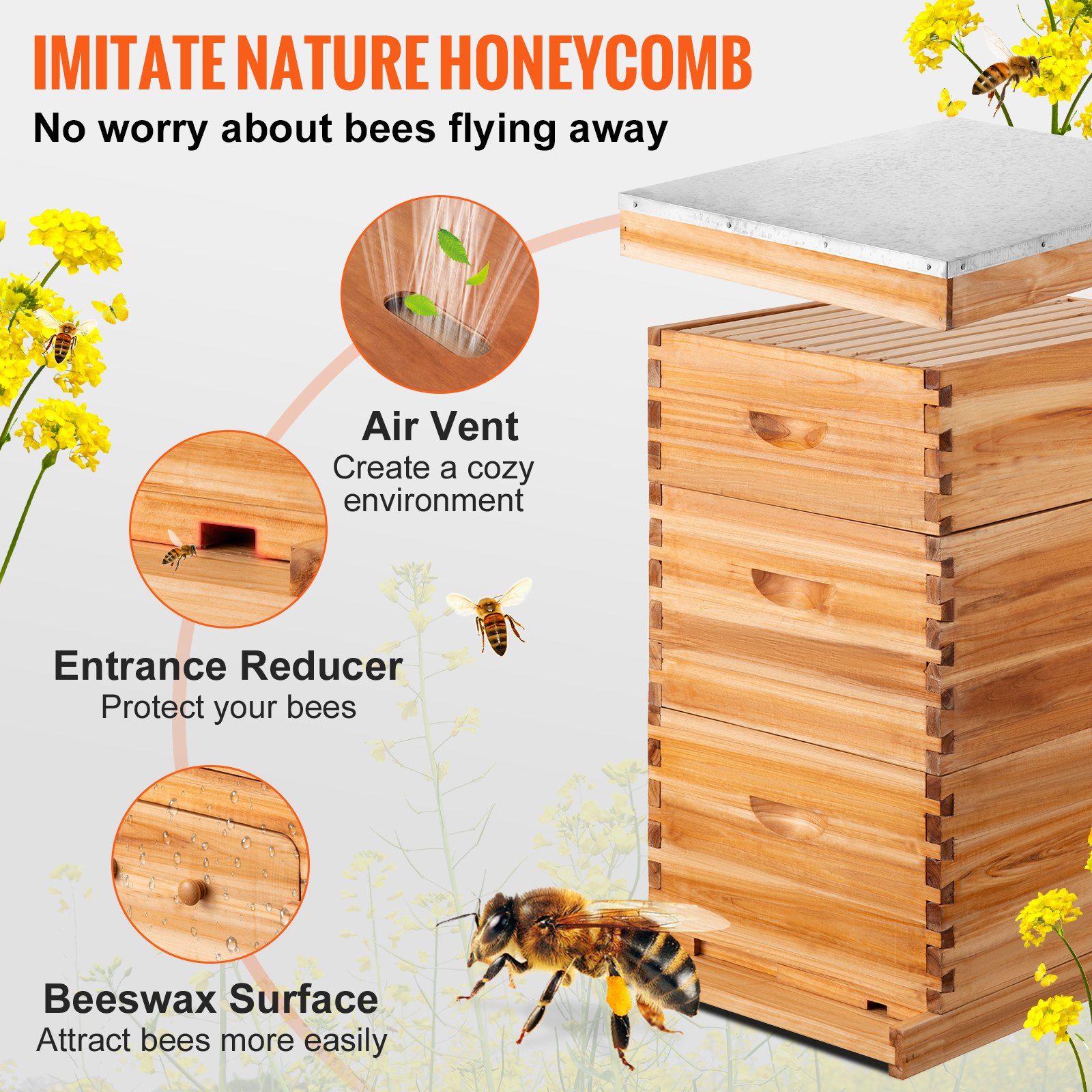 Kit de caja de colmena VEVOR con ventilación de aire, reductor de entrada, superficie de cera de abejas y abejas con flores amarillas.