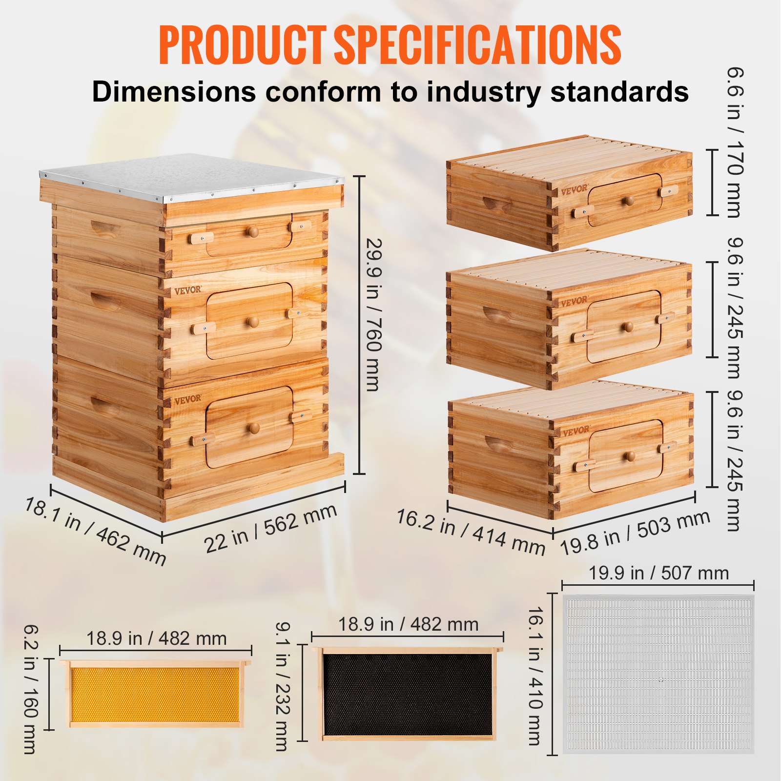 Detalles y dimensiones del kit de caja de colmena VEVOR, incluidos varios componentes de madera y marcos internos.