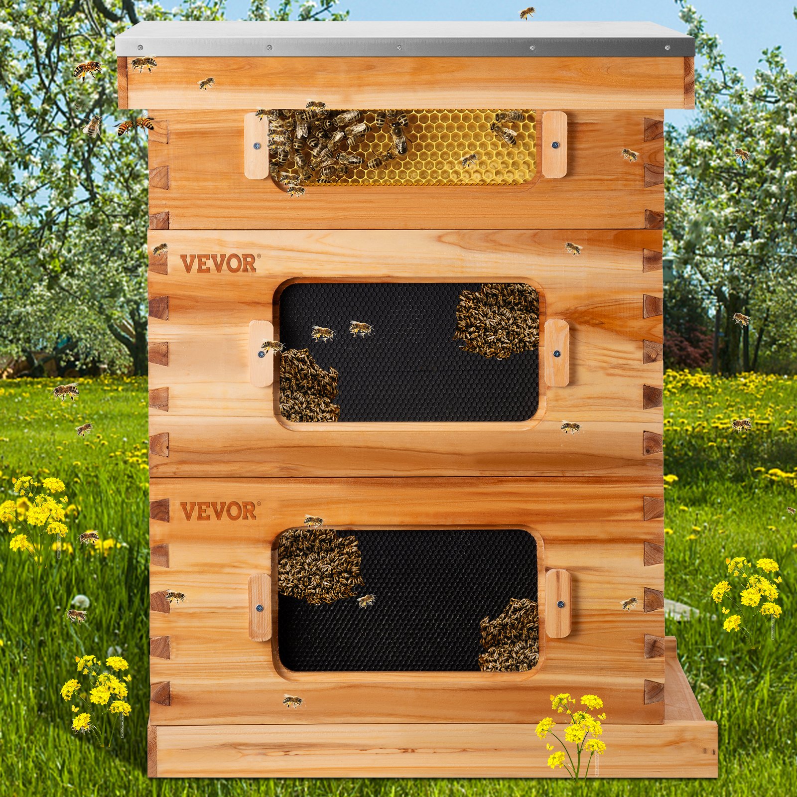 Kit de caja de colmena VEVOR en un exuberante campo verde con flores florecientes y abejas trabajando en marcos de panal.