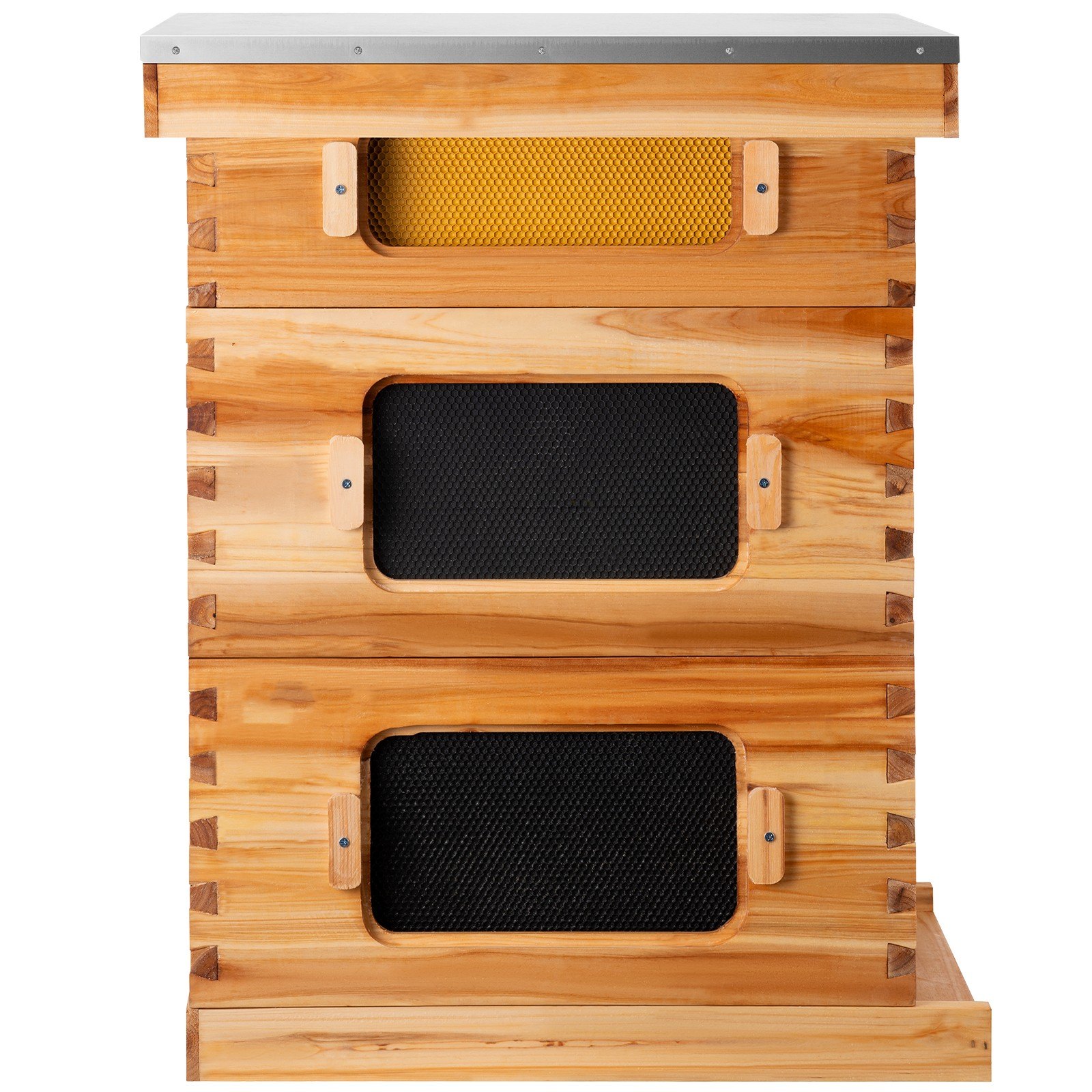 Kit de caja colmena VEVOR con tres cajas de madera apiladas, cubierta superior de metal y panales visibles.