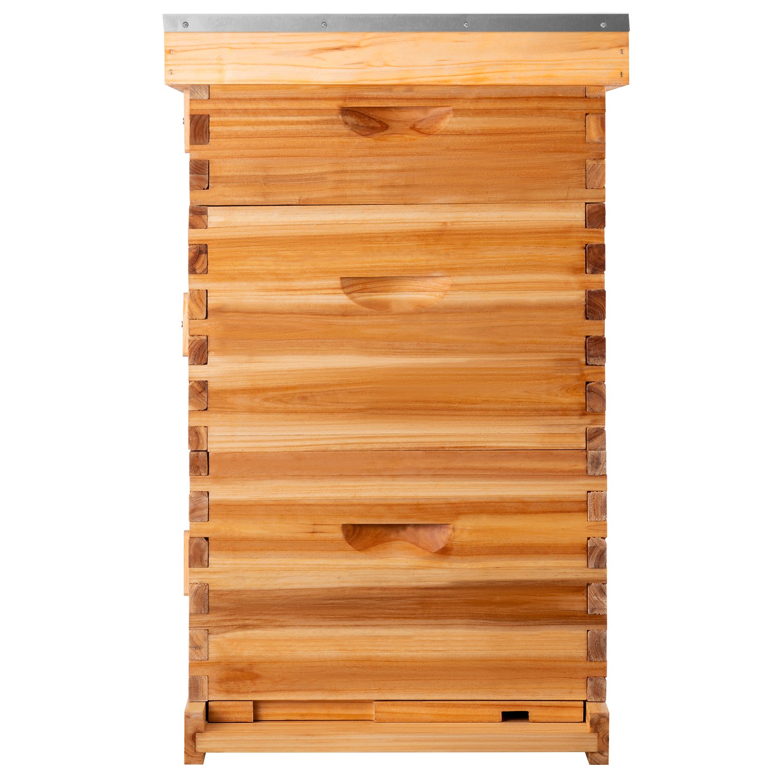 Kit de caja de colmena de madera VEVOR con techo de metal, que incluye múltiples componentes apilados.