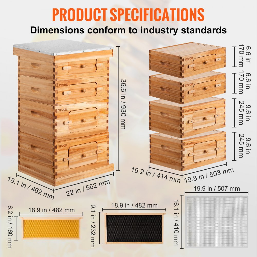 VEVOR Colmena de Abejas, Kit Completo de Colmena de 30 Marcos, Incluye 2 Cajas Profundas y 2 Cajas Medianas, Colmena de Madera Natural 100% Cera de Abejas, con Marcos de Madera y Bases Enceradas, para