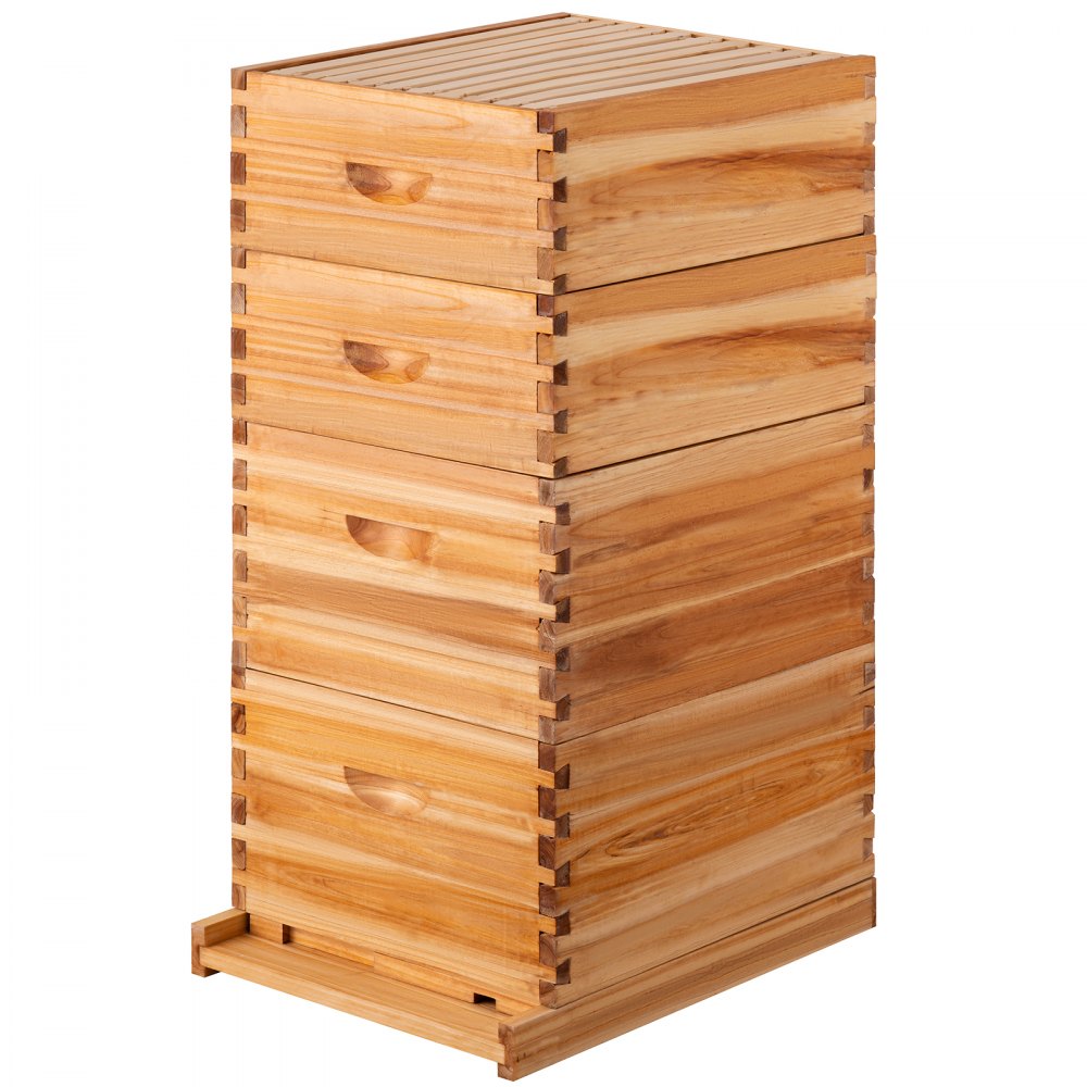 VEVOR Colmena de Abejas, Kit Completo de Colmena de 30 Marcos, Incluye 2 Cajas Profundas y 2 Cajas Medianas, Colmena de Madera Natural 100% Cera de Abejas, con Marcos de Madera y Bases Enceradas, para
