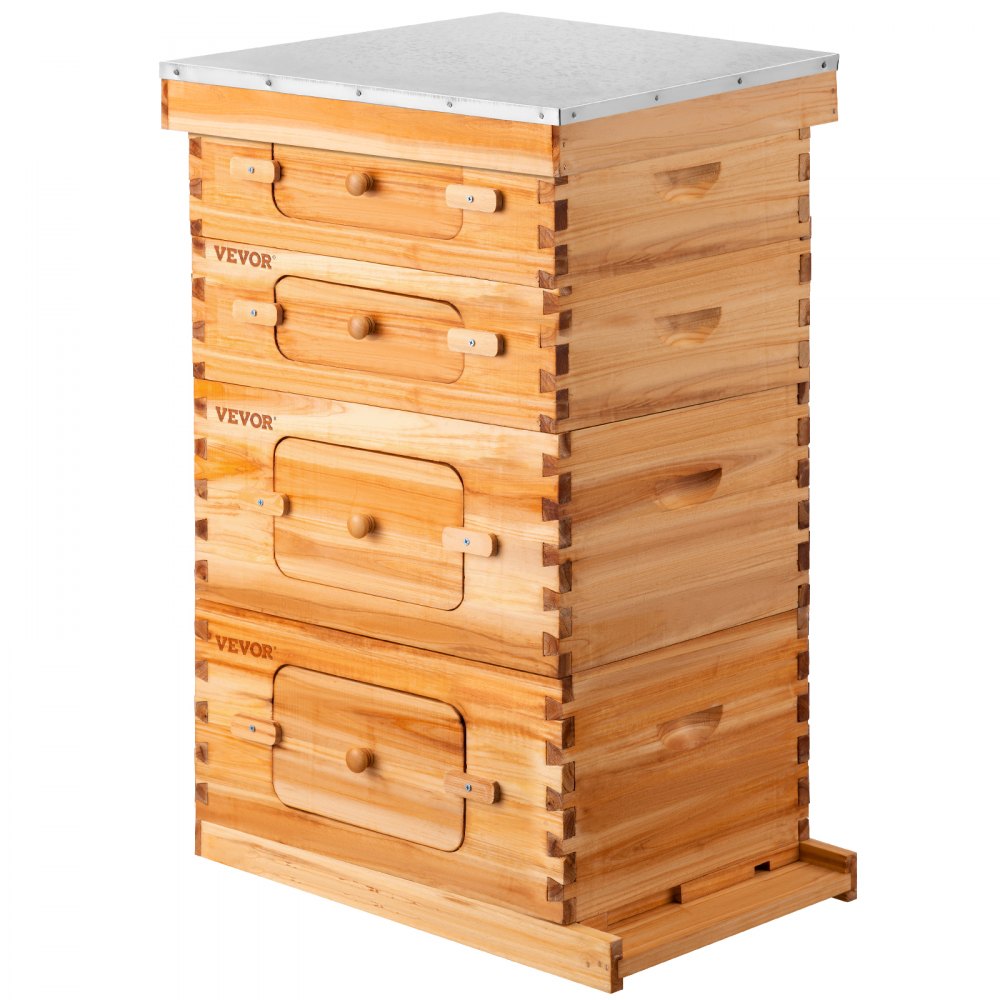 VEVOR Colmena de Abejas, Kit Completo de Colmena de 30 Marcos, Incluye 2 Cajas Profundas y 2 Cajas Medianas, Colmena de Madera Natural 100% Cera de Abejas, con Marcos de Madera y Bases Enceradas, para