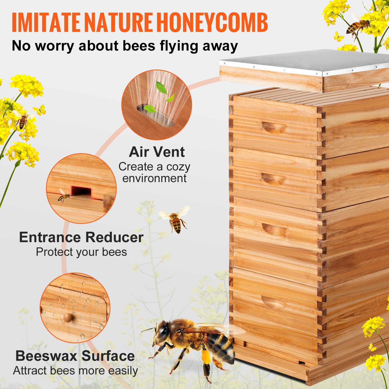 VEVOR Colmena de Abejas, Kit Completo de Colmena de 30 Marcos, Incluye 2 Cajas Profundas y 2 Cajas Medianas, Colmena de Madera Natural 100% Cera de Abejas, con Marcos de Madera y Bases Enceradas, para