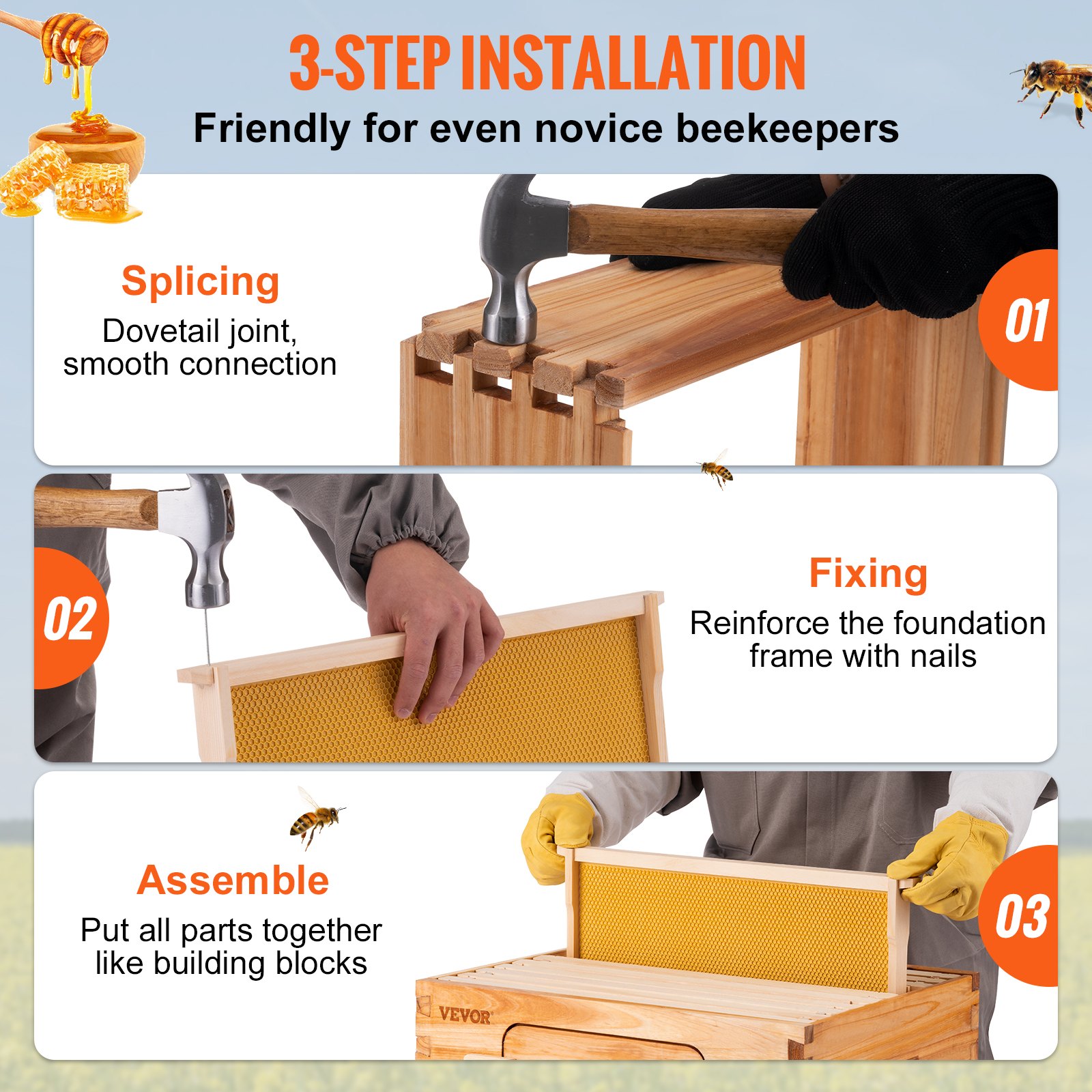 VEVOR Colmena de Abejas, Kit Completo de Colmena de 30 Marcos, Incluye 2 Cajas Profundas y 2 Cajas Medianas, Colmena de Madera Natural 100% Cera de Abejas, con Marcos de Madera y Bases Enceradas, para