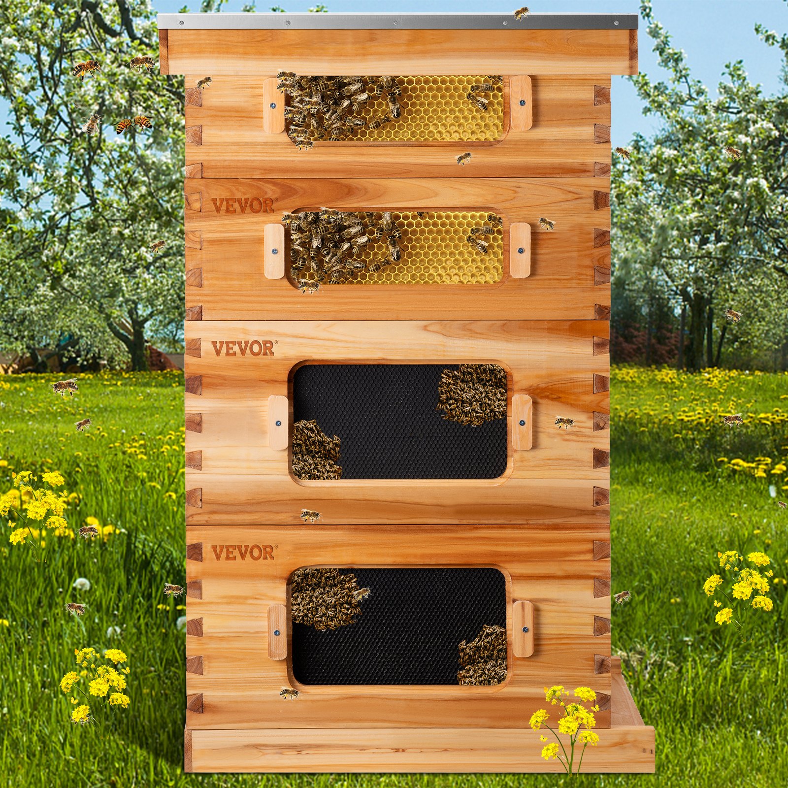 VEVOR Colmena de Abejas, Kit Completo de Colmena de 30 Marcos, Incluye 2 Cajas Profundas y 2 Cajas Medianas, Colmena de Madera Natural 100% Cera de Abejas, con Marcos de Madera y Bases Enceradas, para