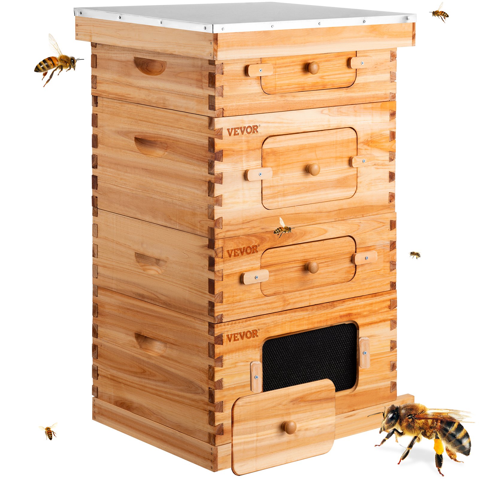 VEVOR Colmena de Abejas, Kit Completo de Colmena de 30 Marcos, Incluye 2 Cajas Profundas y 2 Cajas Medianas, Colmena de Madera Natural 100% Cera de Abejas, con Marcos de Madera y Bases Enceradas, para