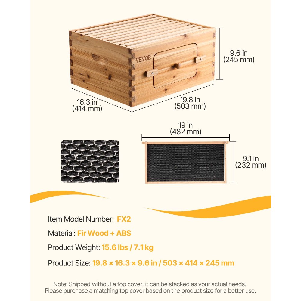 Kit de inicio de caja profunda para colmena VEVOR, madera de abeto natural 100 % recubierta de cera de abejas, kit de colmena Langstroth con 10 marcos y bases, ventanas de acrílico transparente para apicultores principiantes y profesionales.