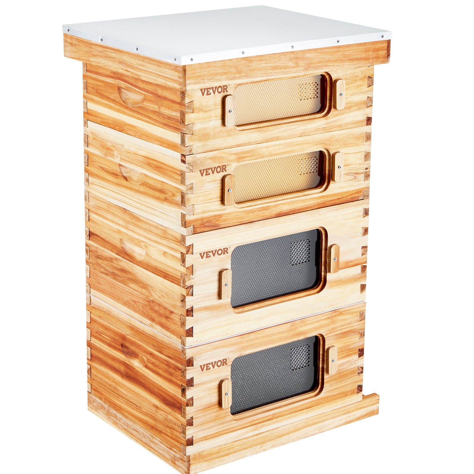 Kit de colmena vertical de madera VEVOR con múltiples cajas apilables y paneles de malla transparente.