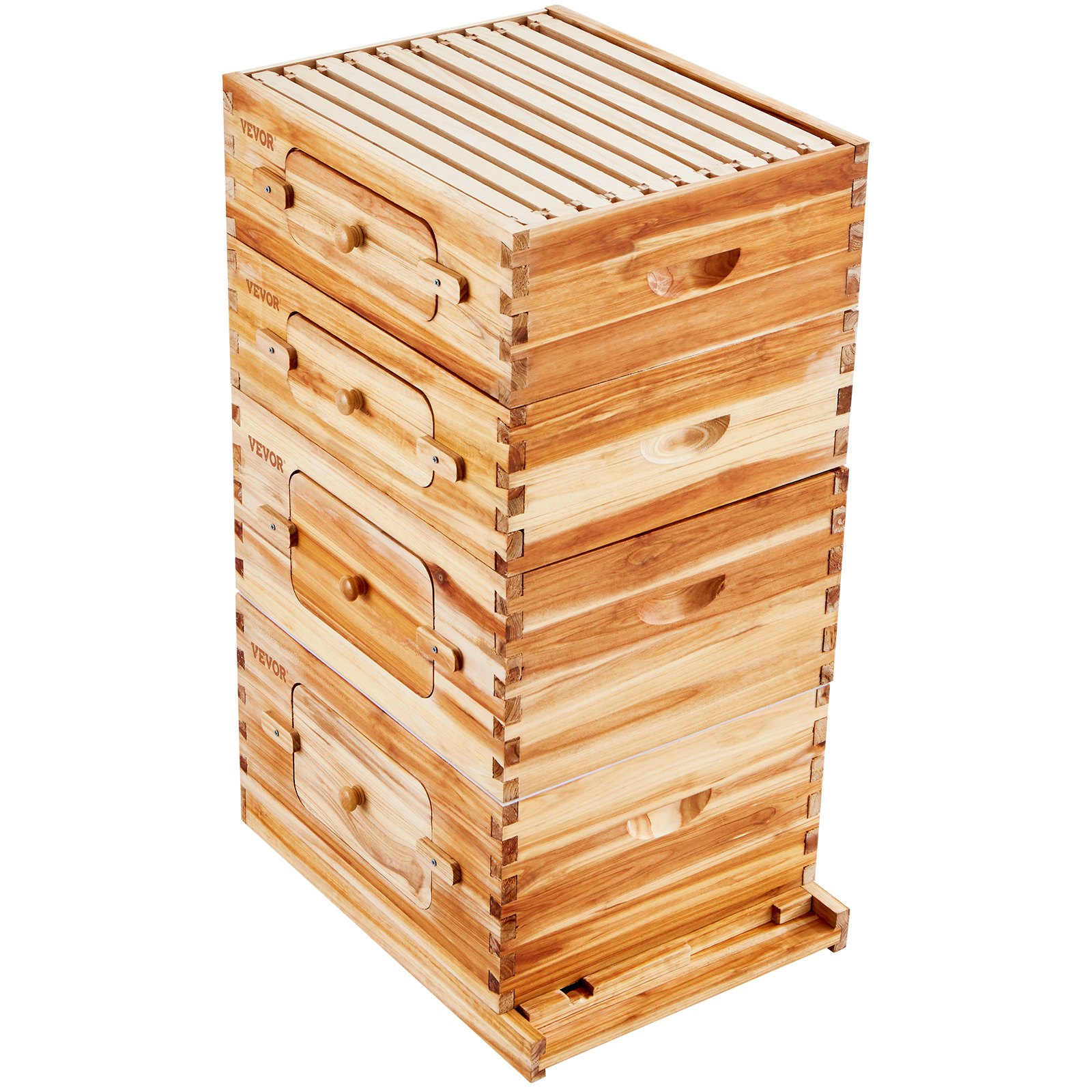 Kit de colmena de madera natural VEVOR con múltiples compartimentos apilados y una tapa accesible.