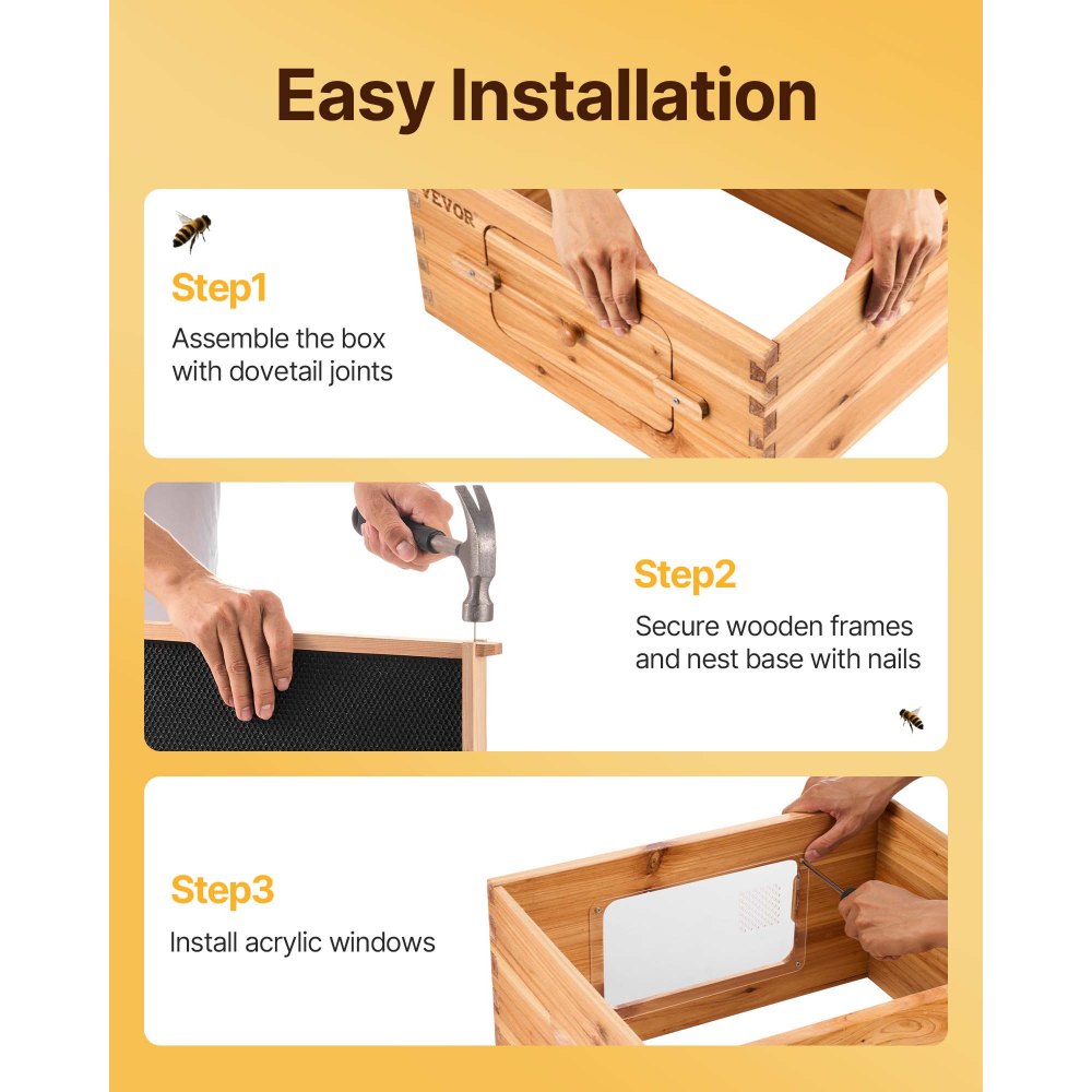 VEVOR - Kit de inicio de colmenas de 30 cuadros, madera de abeto recubierta de cera de abejas, 2 cajas profundas y 1 mediana. Kit de colmena Langstroth con ventanas acrílicas transparentes y cimientos para apicultores principiantes y profesionales.