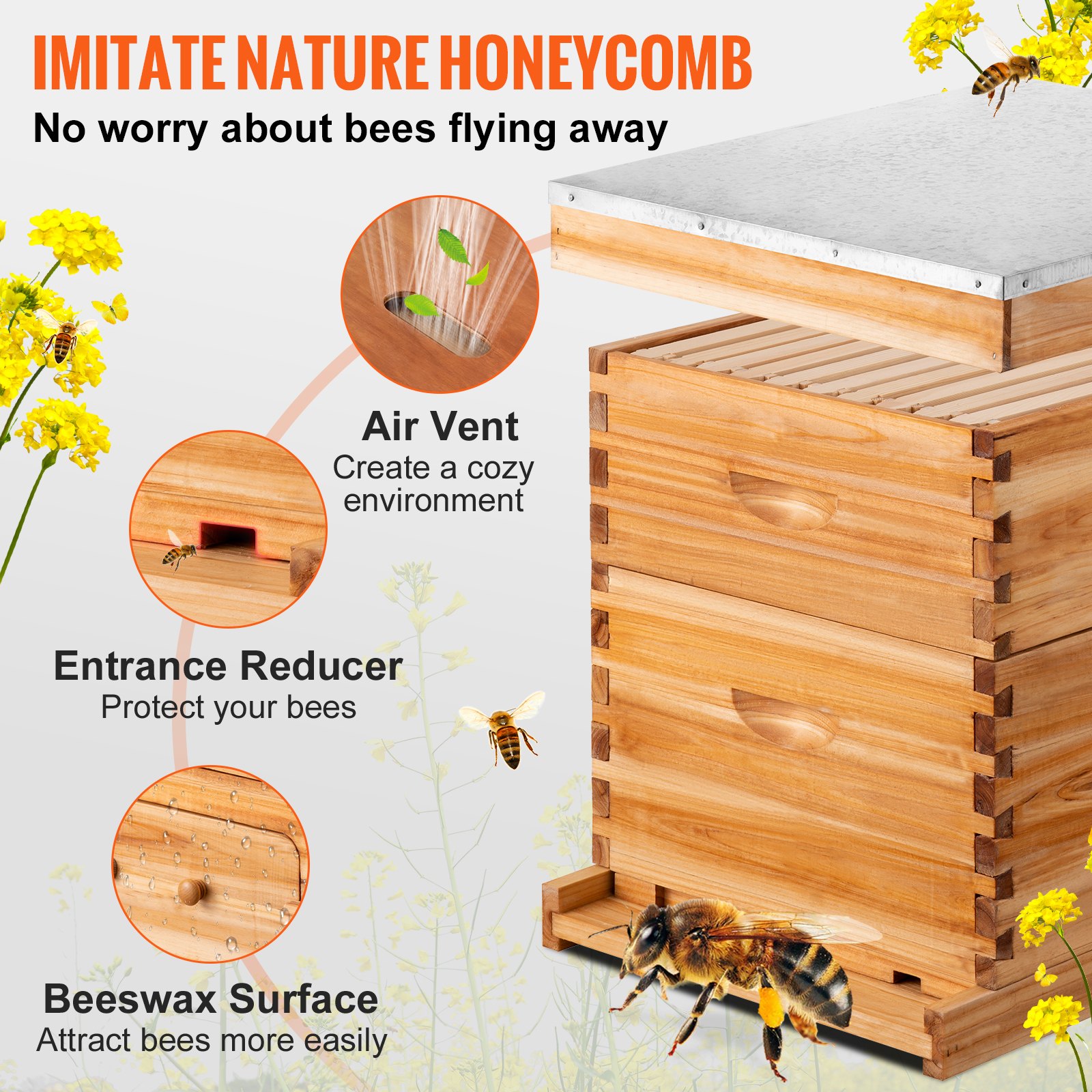 El kit de caja de colmena VEVOR cuenta con ventilación de aire, reductor de entrada y superficie de cera de abejas con abejas y flores.