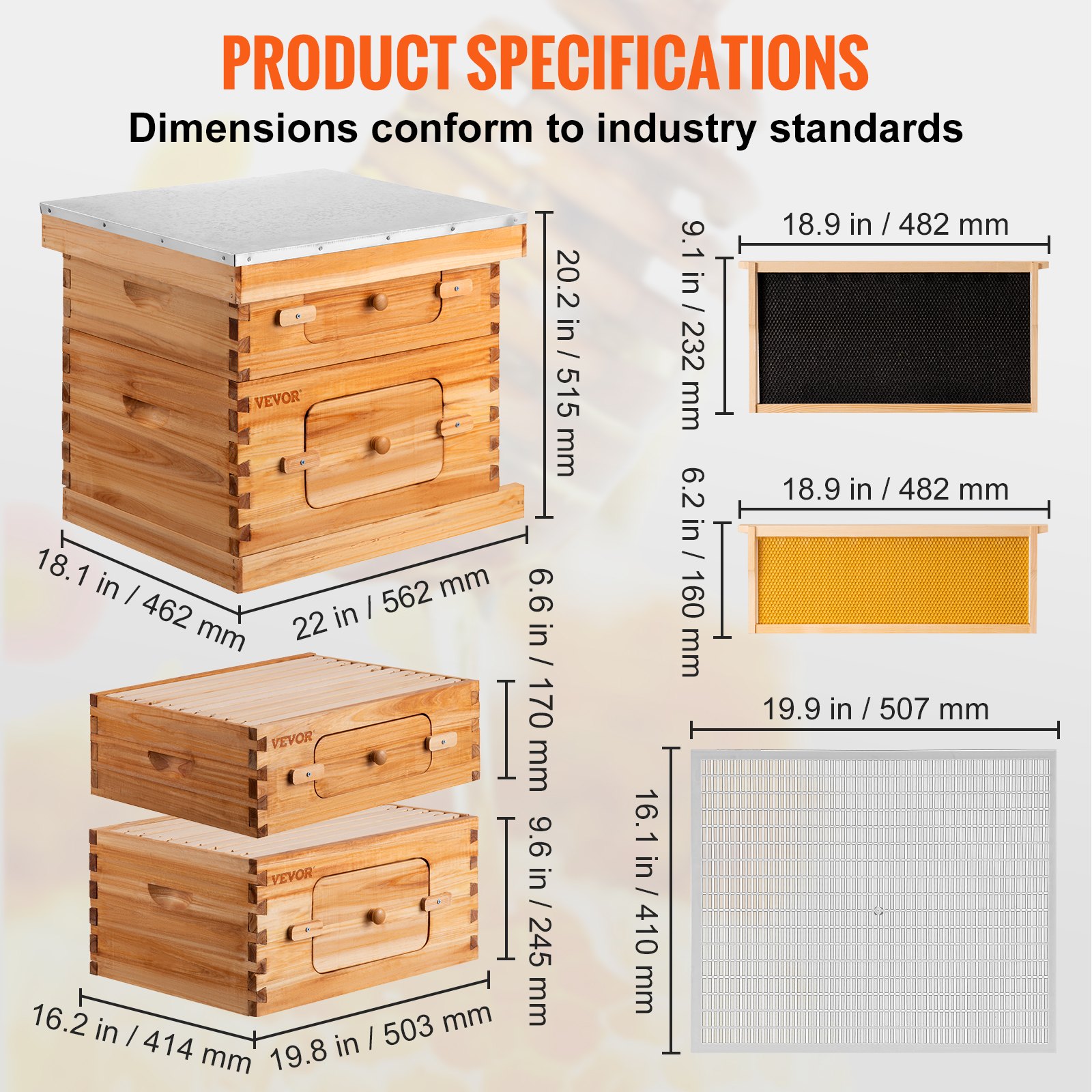 Especificaciones del kit de caja de colmena VEVOR con dimensiones detalladas conforme a los estándares de la industria.