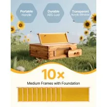 VEVOR Bee Hive Kit de inicio de caja mediana, 100% madera de cedro natural recubierta de cera de abejas, kit de colmena Langstroth con 10 marcos y cimientos, ventanas de abejas acrílicas transparentes para principiantes y apicultores profesionales