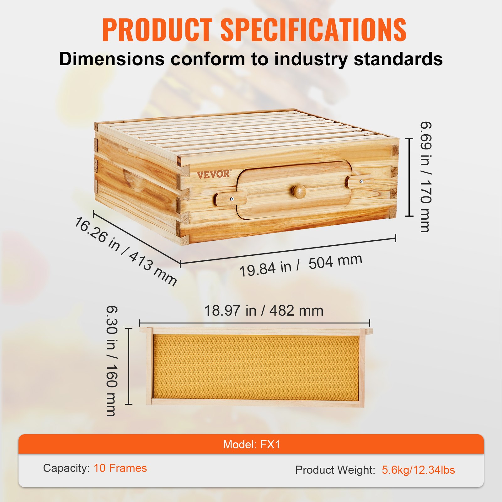 Especificaciones del kit de colmena VEVOR, modelo fx1 con 10 marcos, peso de 5,6 kg/12,34 lb y dimensiones.