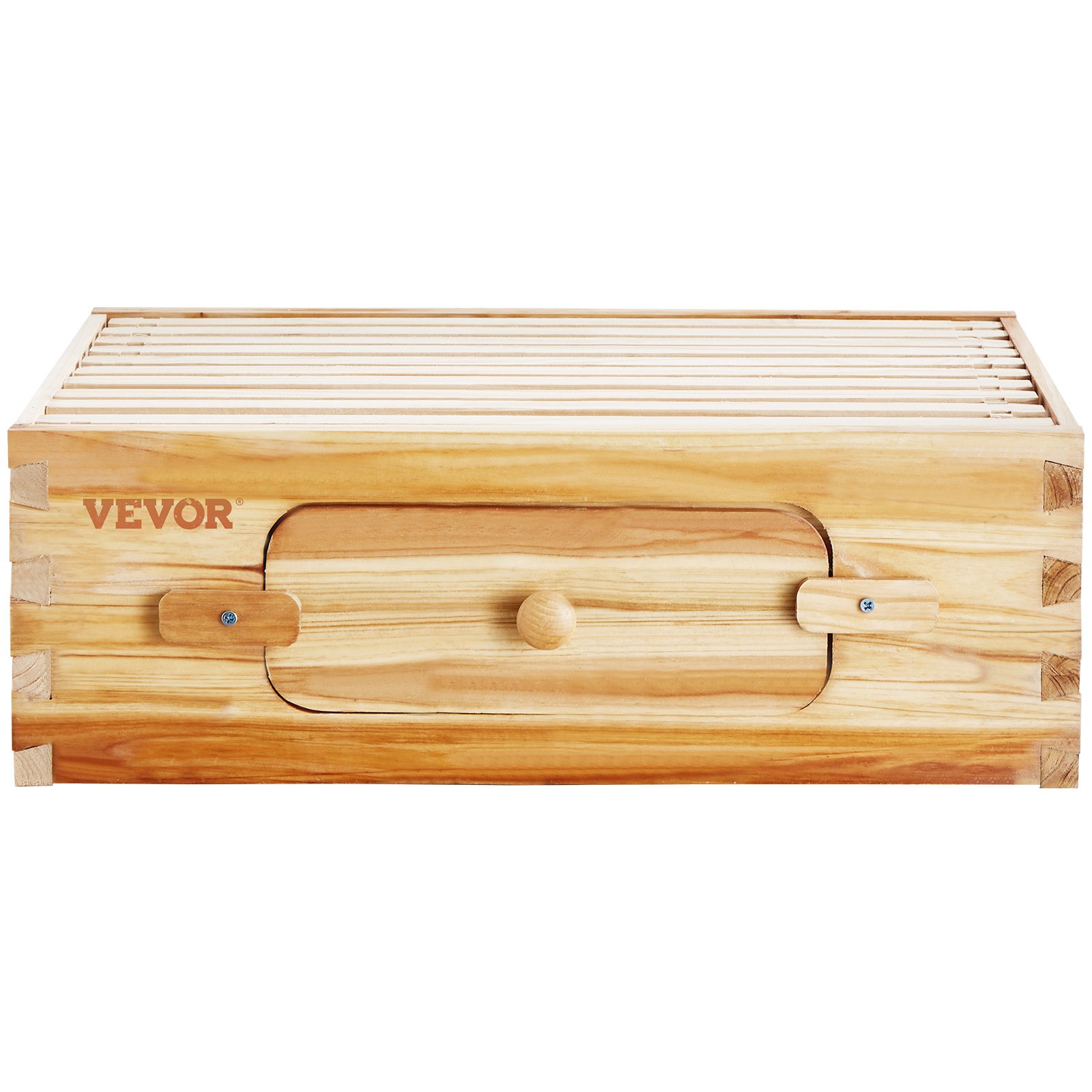 Kit de colmena VEVOR en caja de madera con tapa de listones y asa de cierre con pestillo sobre fondo blanco.
