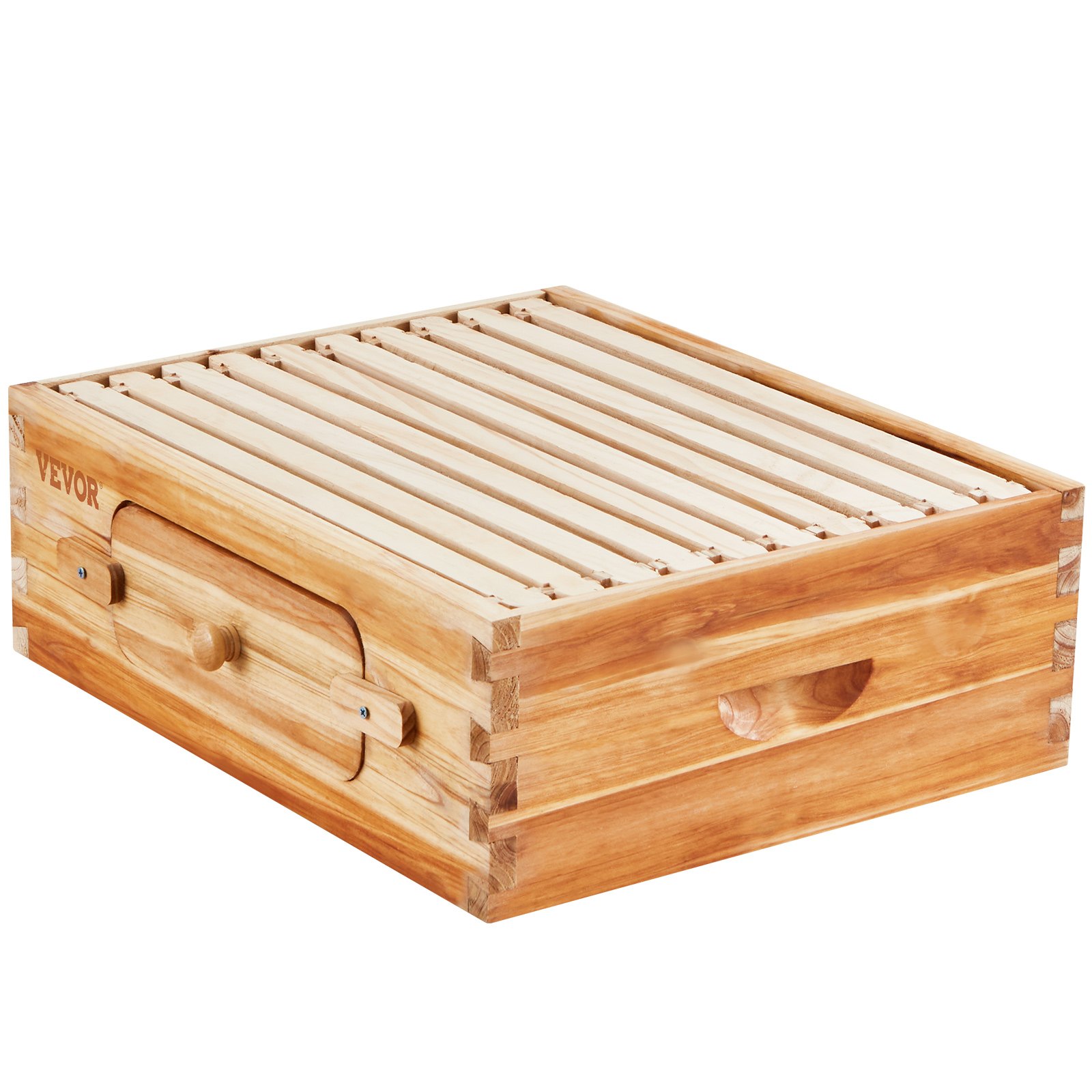 Kit de colmena VEVOR con acabado en madera natural y tapa de listones extraíble para una fácil gestión de la apicultura.