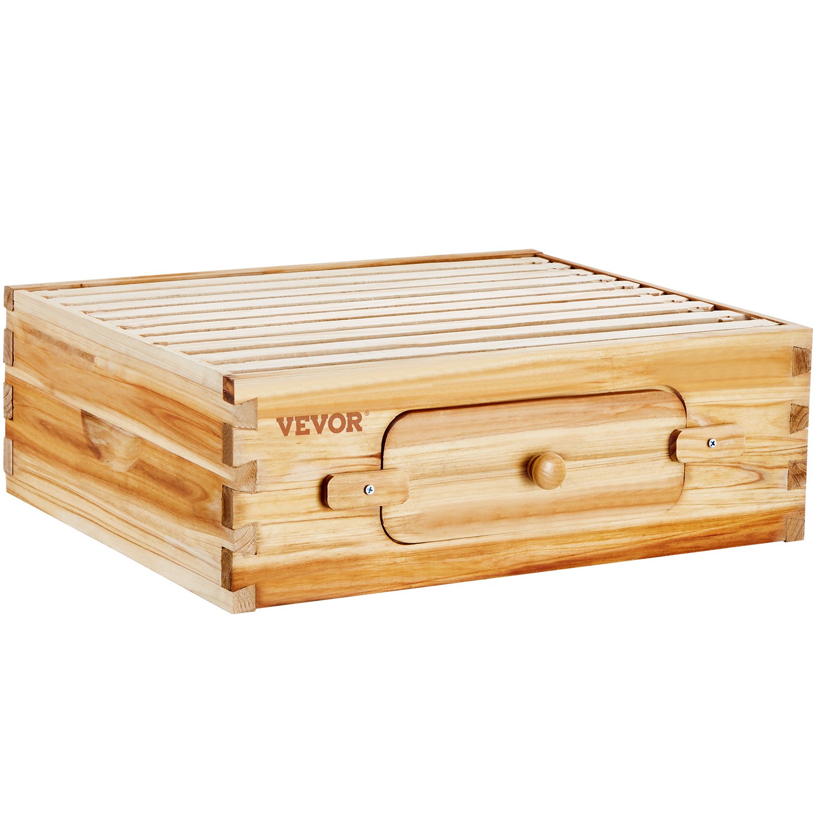 Kit de colmena de madera VEVOR con esquinas articuladas y barras superiores ranuradas para apicultura.