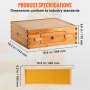 Especificaciones del producto del kit de colmena VEVOR, que incluye una caja de colmena de madera y un marco de panal con dimensiones.