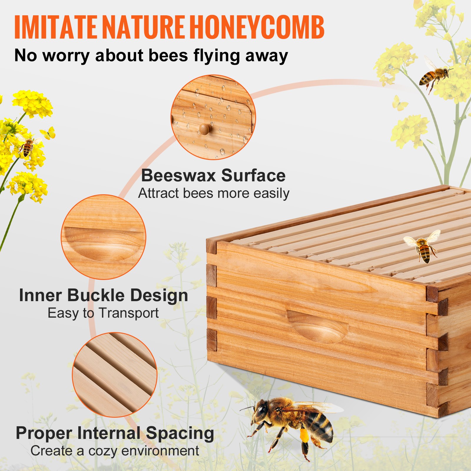 El kit de colmena de abejas VEVOR presenta una superficie de cera de abejas, un diseño de hebilla interior y un espaciado interno adecuado.
