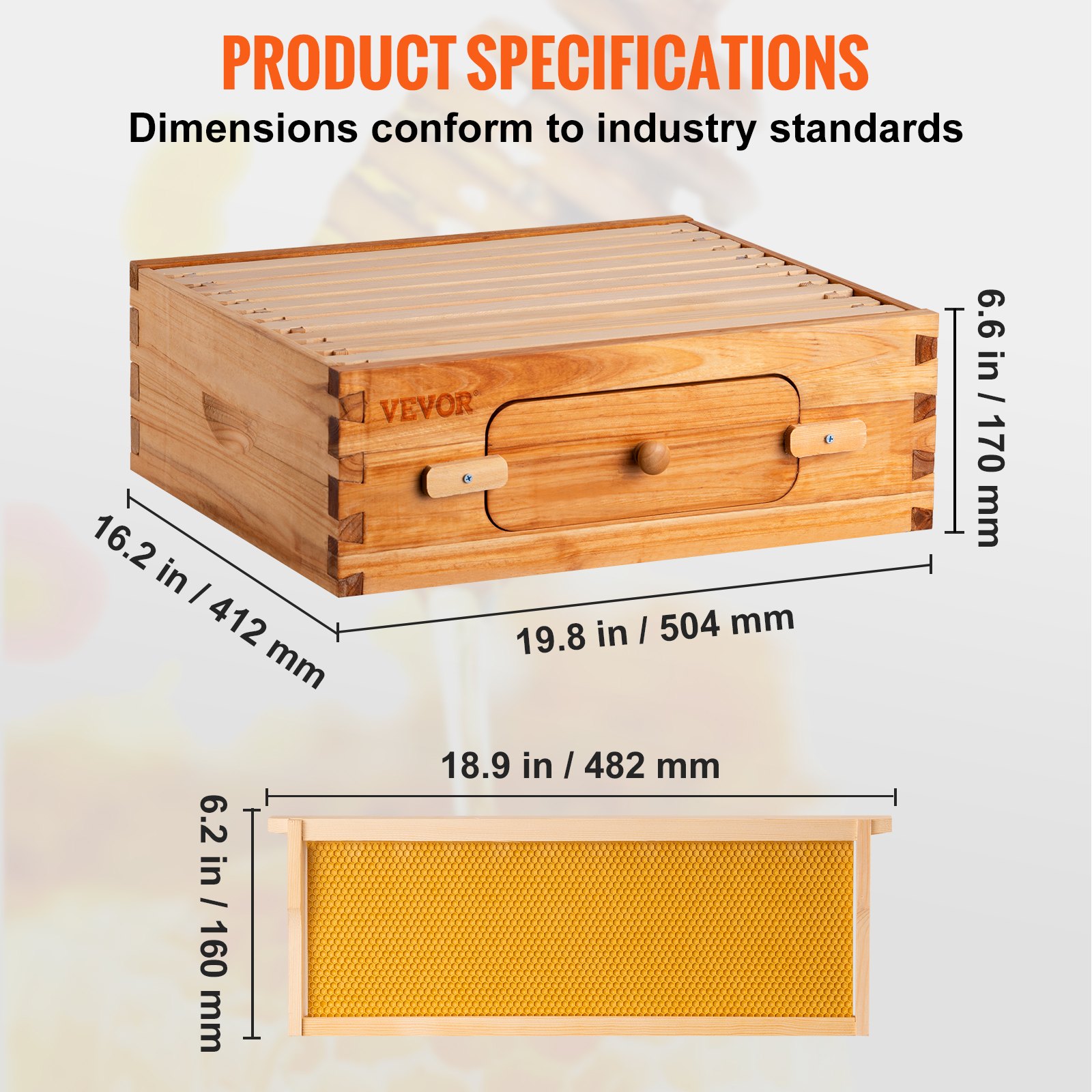 Especificaciones del producto del kit de colmena VEVOR, que incluye una caja de colmena de madera y un marco de panal con dimensiones.