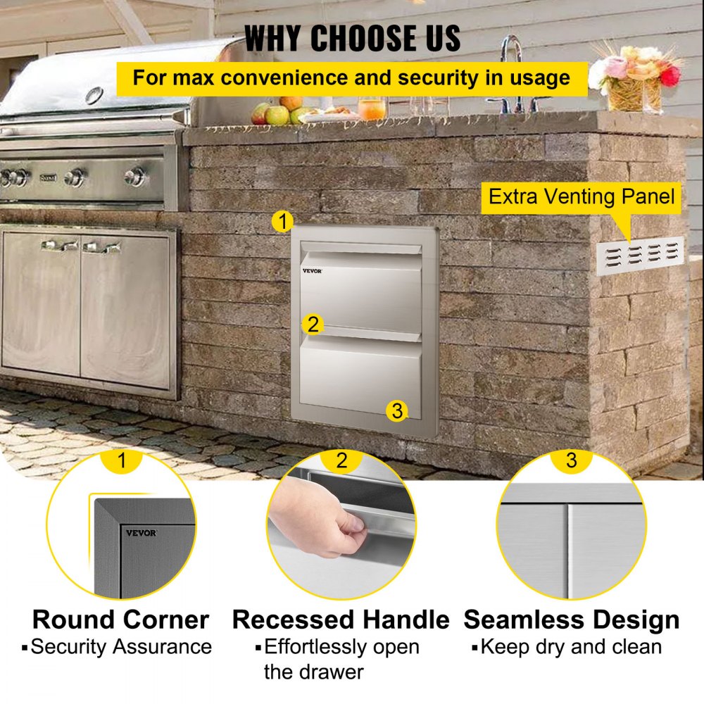 Cajones de cocina para exterior VEVOR con tiradores empotrados, diseño sin costuras y esquinas redondeadas.