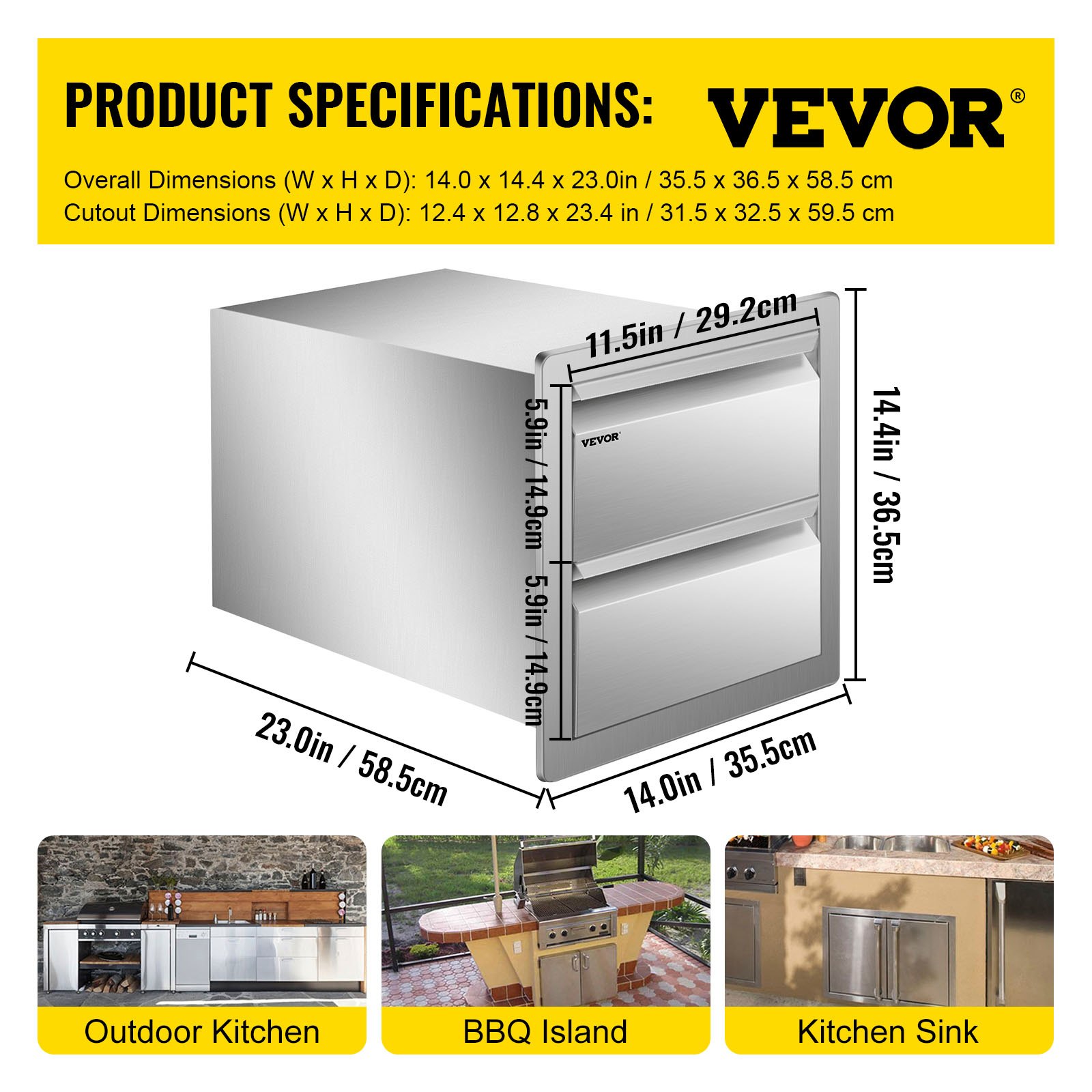 Cajones de cocina para exterior VEVOR con especificaciones detalladas y dimensiones descritas.