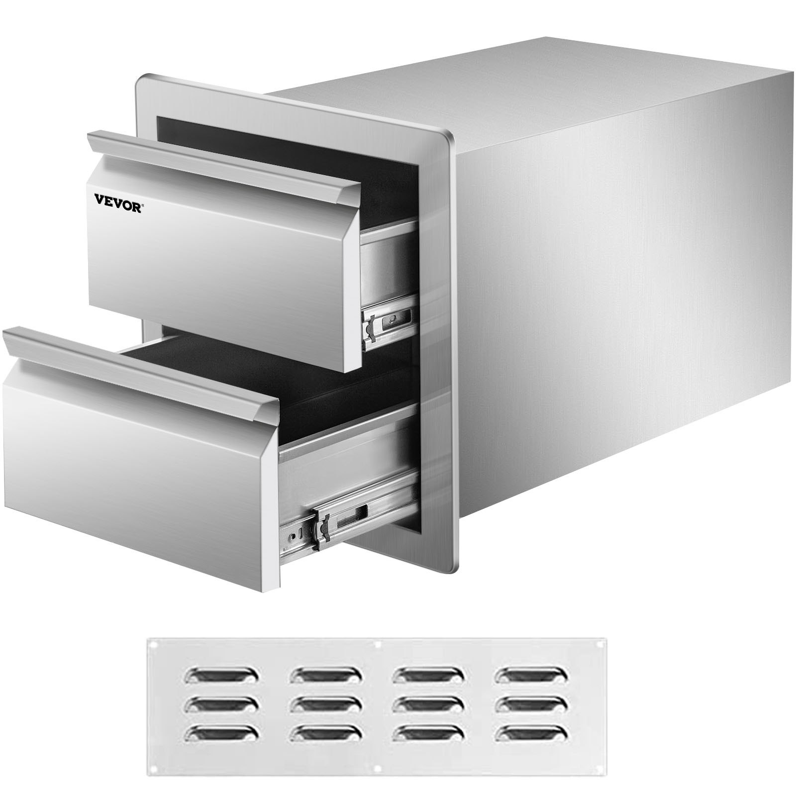 Cajones de cocina exterior VEVOR de acero inoxidable con dos compartimentos y panel de ventilación.