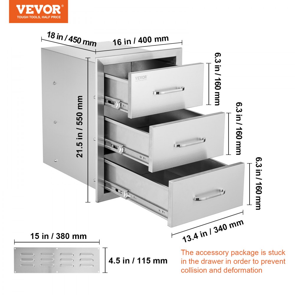 Cómoda de acero inoxidable VEVOR, 3 niveles, dimensiones y detalles destacados.