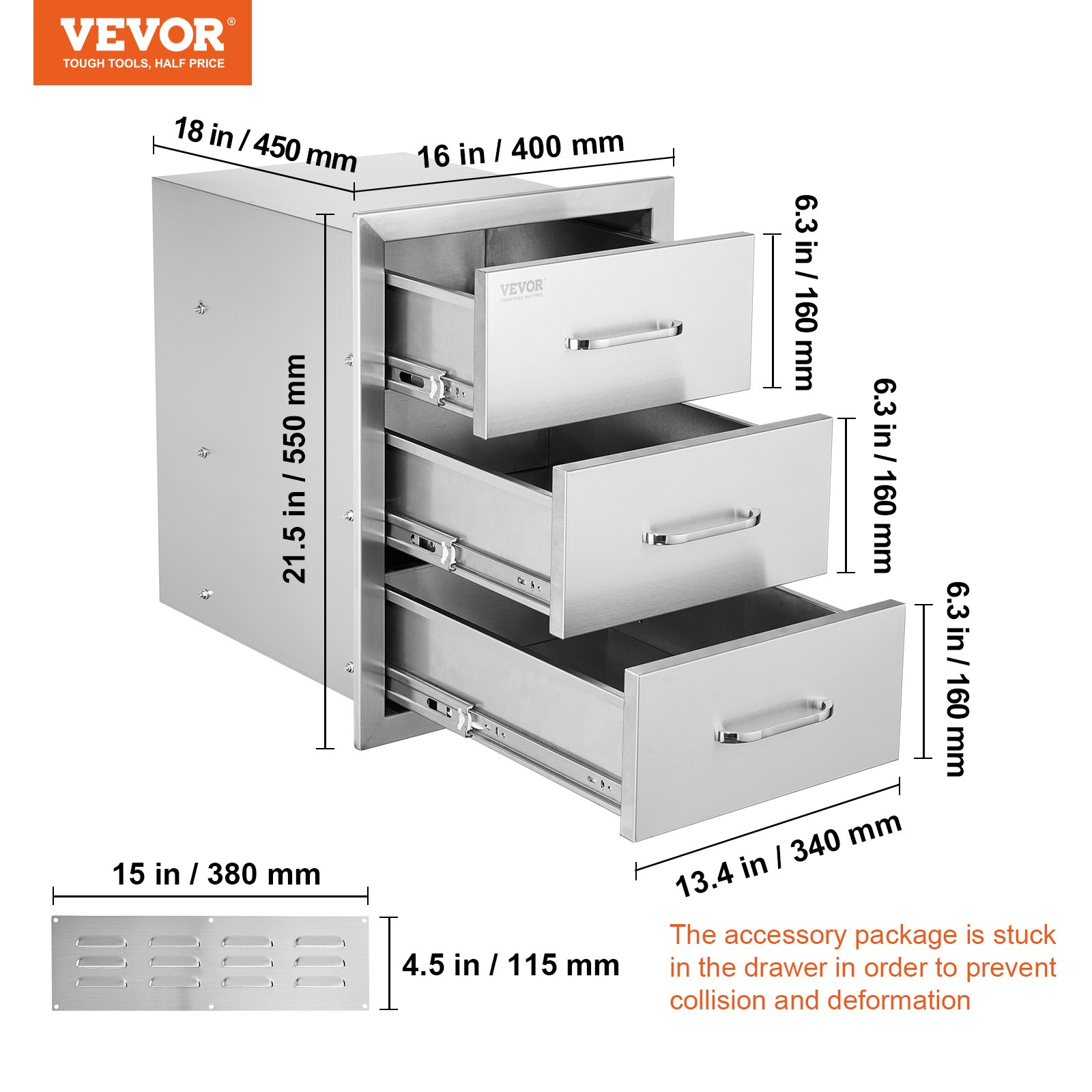 Cómoda de acero inoxidable VEVOR, 3 niveles, dimensiones y detalles destacados.