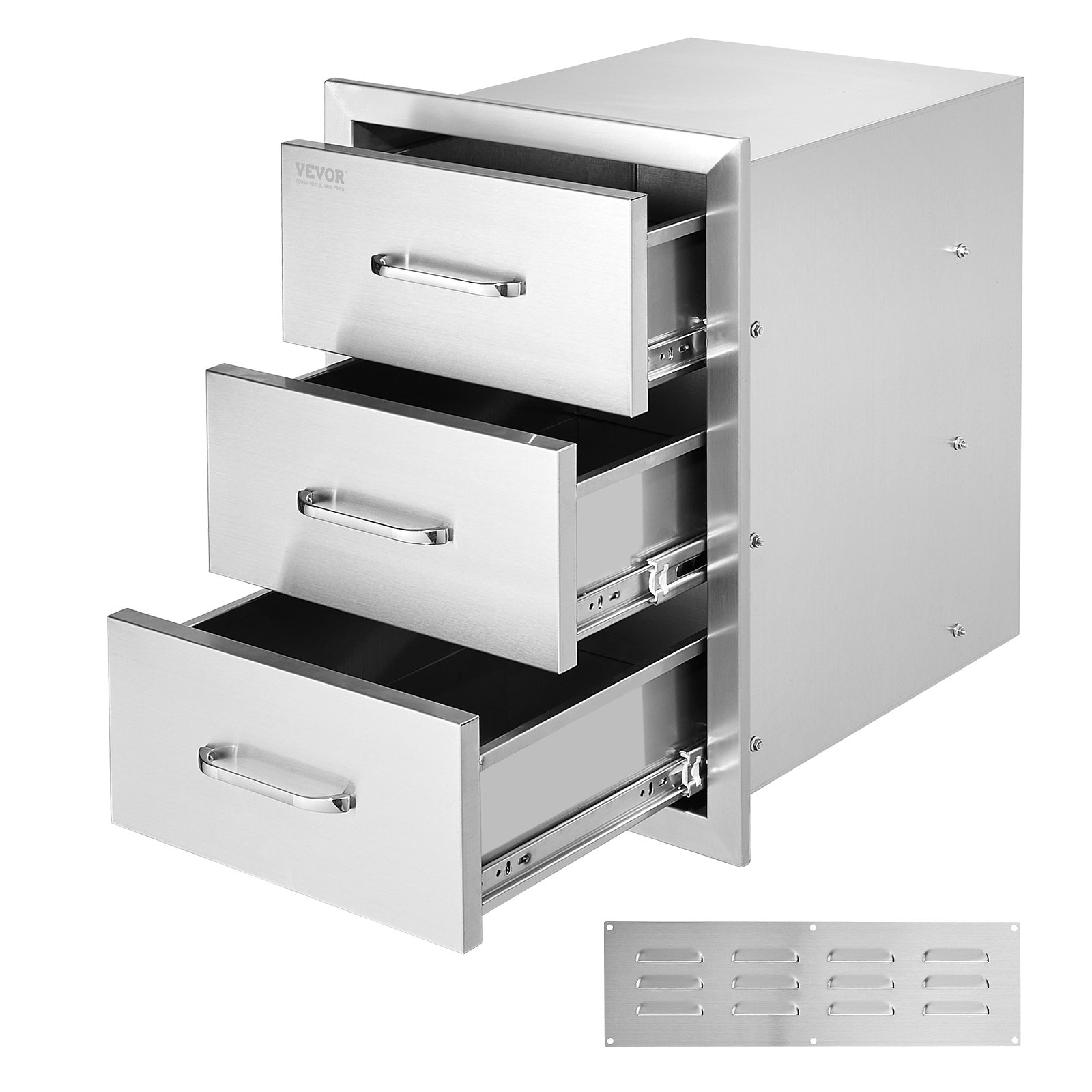Cómoda de acero inoxidable VEVOR con tres cajones abiertos y placa de ventilación de metal.