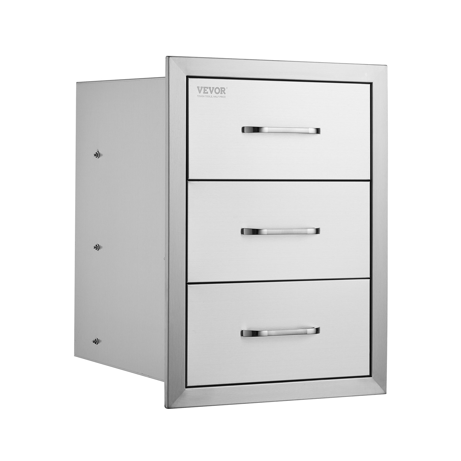 Cómoda de acero inoxidable VEVOR con tres tiradores y un diseño elegante y moderno.