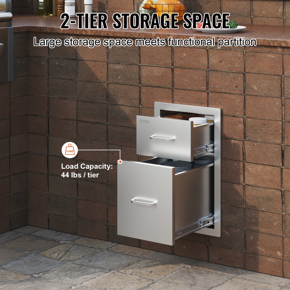 VEVOR Cajones de cocina para exteriores de 13 pulgadas de ancho x 20,4 pulgadas de alto x 20,8 pulgadas de profundidad, cajones dobles de acceso para barbacoa con mango de acero inoxidable, cajones con isla para barbacoa para cocinas al aire libre o estación de parrilla de patio