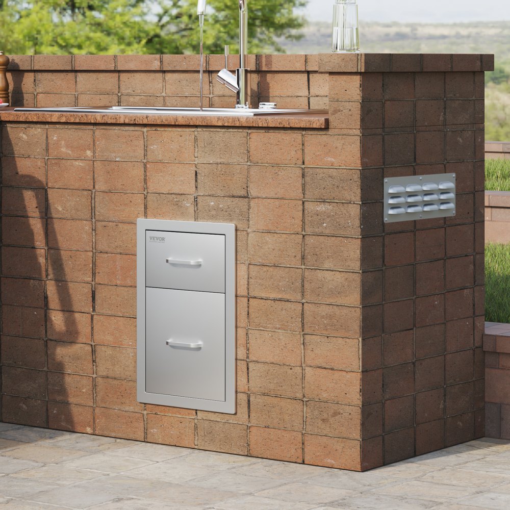 VEVOR Cajones de cocina para exteriores de 13 pulgadas de ancho x 20,4 pulgadas de alto x 20,8 pulgadas de profundidad, cajones dobles de acceso para barbacoa con mango de acero inoxidable, cajones con isla para barbacoa para cocinas al aire libre o estación de parrilla de patio