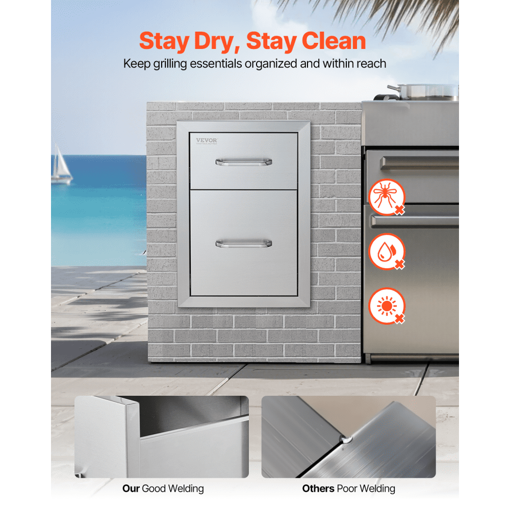 VEVOR Outdoor Kitchen Drawers 13\" W x 20.4\" H x 20.8\" D, Flush Mount Double BBQ Access Drawers with Stainless Steel Handle, BBQ Island Drawers for Outdoor Kitchens or Patio Grill Station