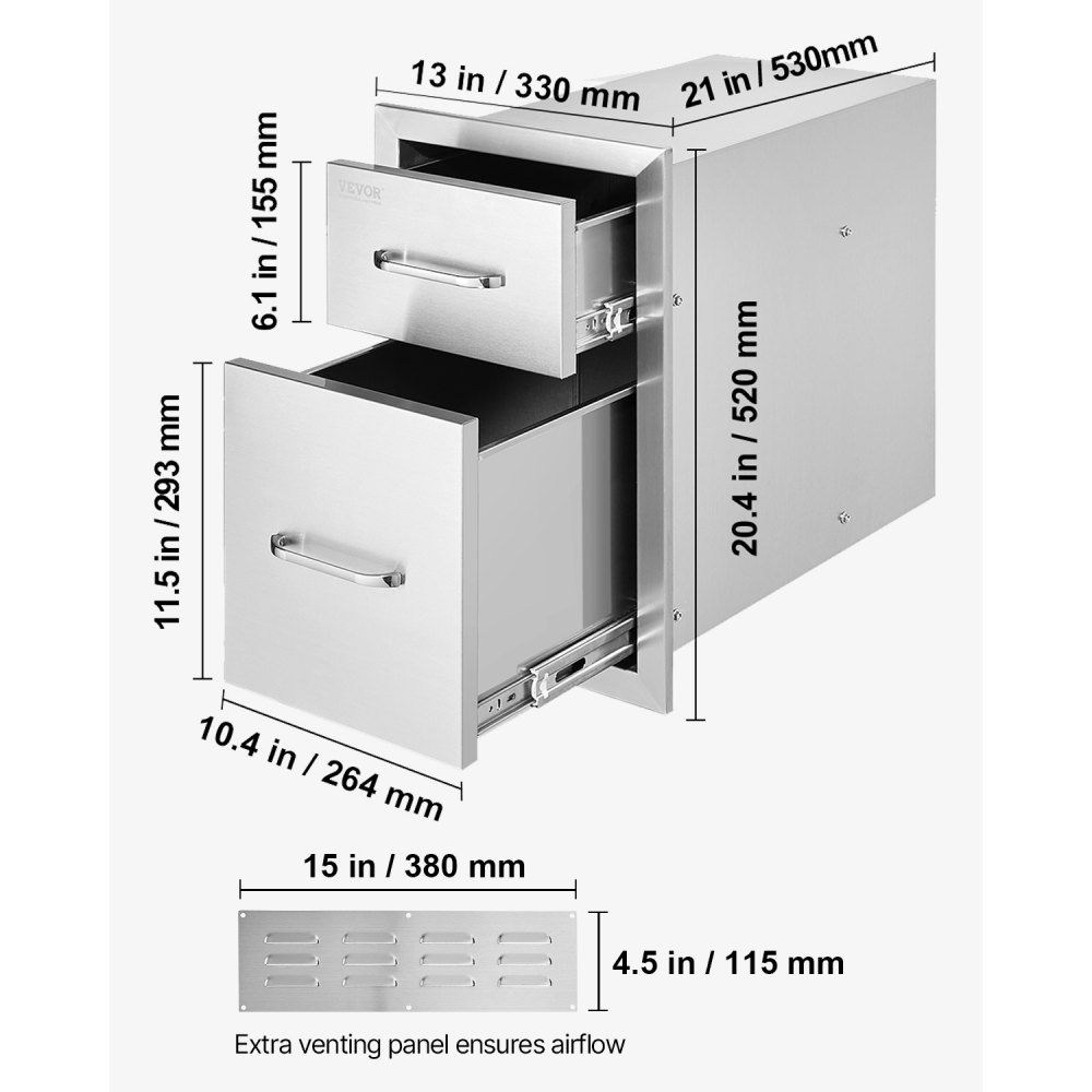 VEVOR Outdoor Kitchen Drawers 13\" W x 20.4\" H x 20.8\" D, Flush Mount Double BBQ Access Drawers with Stainless Steel Handle, BBQ Island Drawers for Outdoor Kitchens or Patio Grill Station