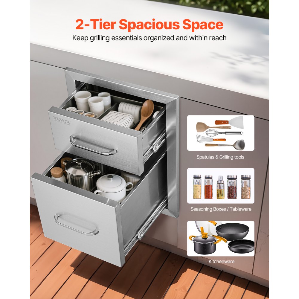 VEVOR Cajones de cocina para exteriores de 13 pulgadas de ancho x 20,4 pulgadas de alto x 20,8 pulgadas de profundidad, cajones dobles de acceso para barbacoa con mango de acero inoxidable, cajones con isla para barbacoa para cocinas al aire libre o estación de parrilla de patio