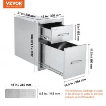 Cajones de cocina para exteriores VEVOR de 13 pulgadas de ancho x 20.4 pulgadas de alto x 20.8 pulgadas de profundidad, cajones dobles de acceso a barbacoa con mango de acero inoxidable, cajones de isla de barbacoa para cocinas al aire libre o estación de parrilla de patio