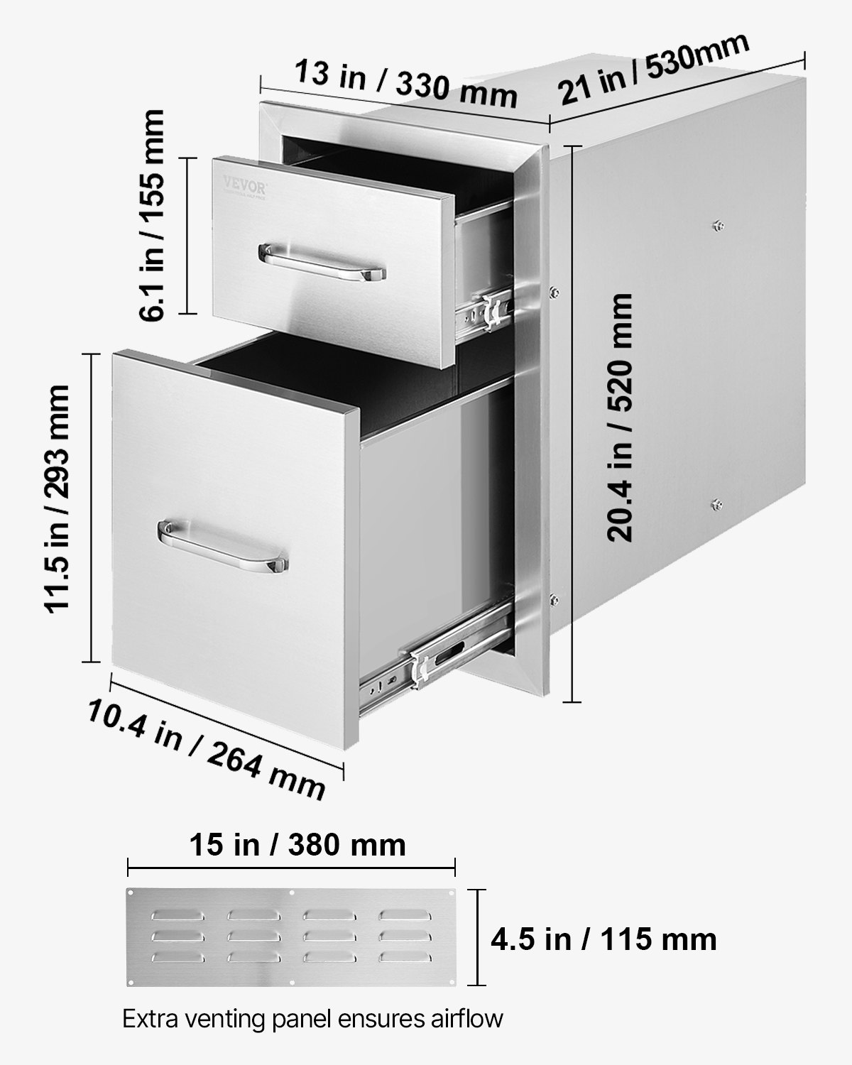 VEVOR Outdoor Kitchen Drawers 13\" W x 20.4\" H x 20.8\" D, Flush Mount Double BBQ Access Drawers with Stainless Steel Handle, BBQ Island Drawers for Outdoor Kitchens or Patio Grill Station