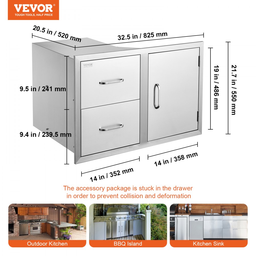 VEVOR Combo de cajón para puerta de cocina al aire libre, 32.5 pulgadas de ancho x 21.6 pulgadas de alto x 20.5 pulgadas de profundidad, puerta de acceso/cajones dobles con toallero de papel, cajones