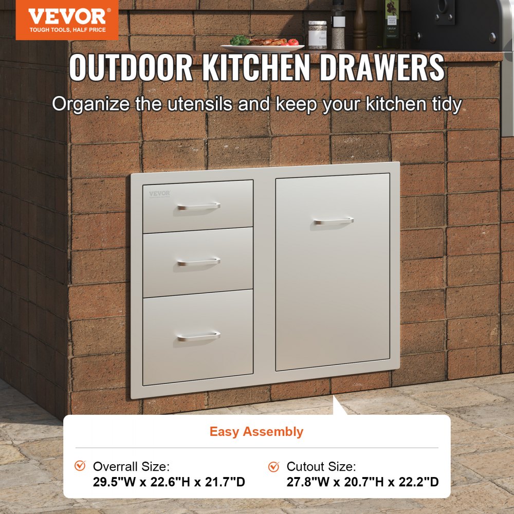 Combinación de cocina para exteriores VEVOR que presenta cajones de acero inoxidable en una configuración de encimera de ladrillo.