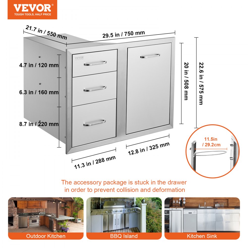 VEVOR Combo de cajón para puerta de cocina al aire libre, 29.5 pulgadas de ancho x 22.6 pulgadas de alto x 21.7 pulgadas de profundidad, puerta de acceso/cajones triples con cajón de propano y anillo