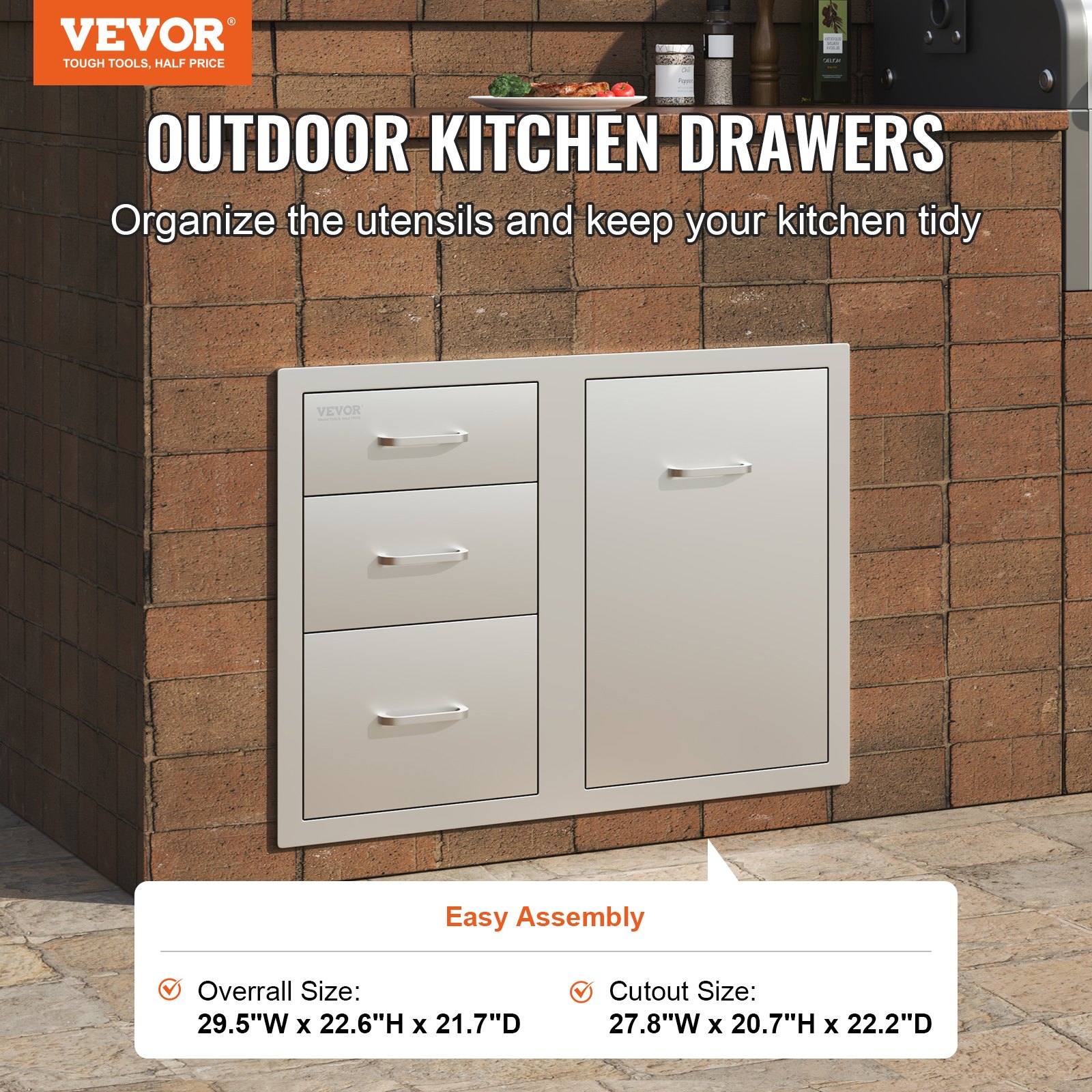 Combinación de cocina para exteriores VEVOR que presenta cajones de acero inoxidable en una configuración de encimera de ladrillo.