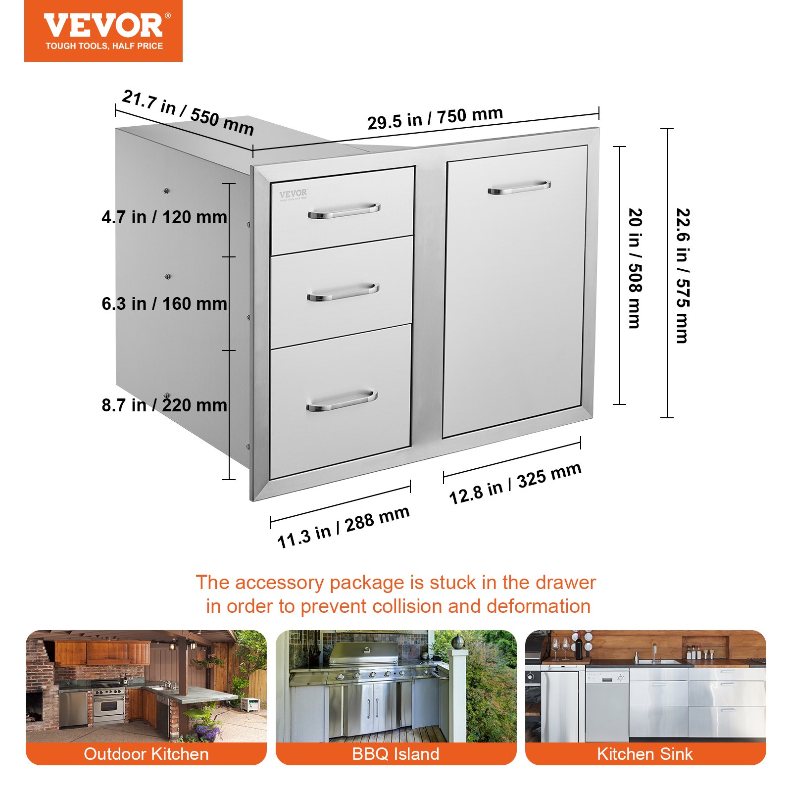 Combo de cocina exterior VEVOR con cajones y armario, acero inoxidable, medidas detalladas.